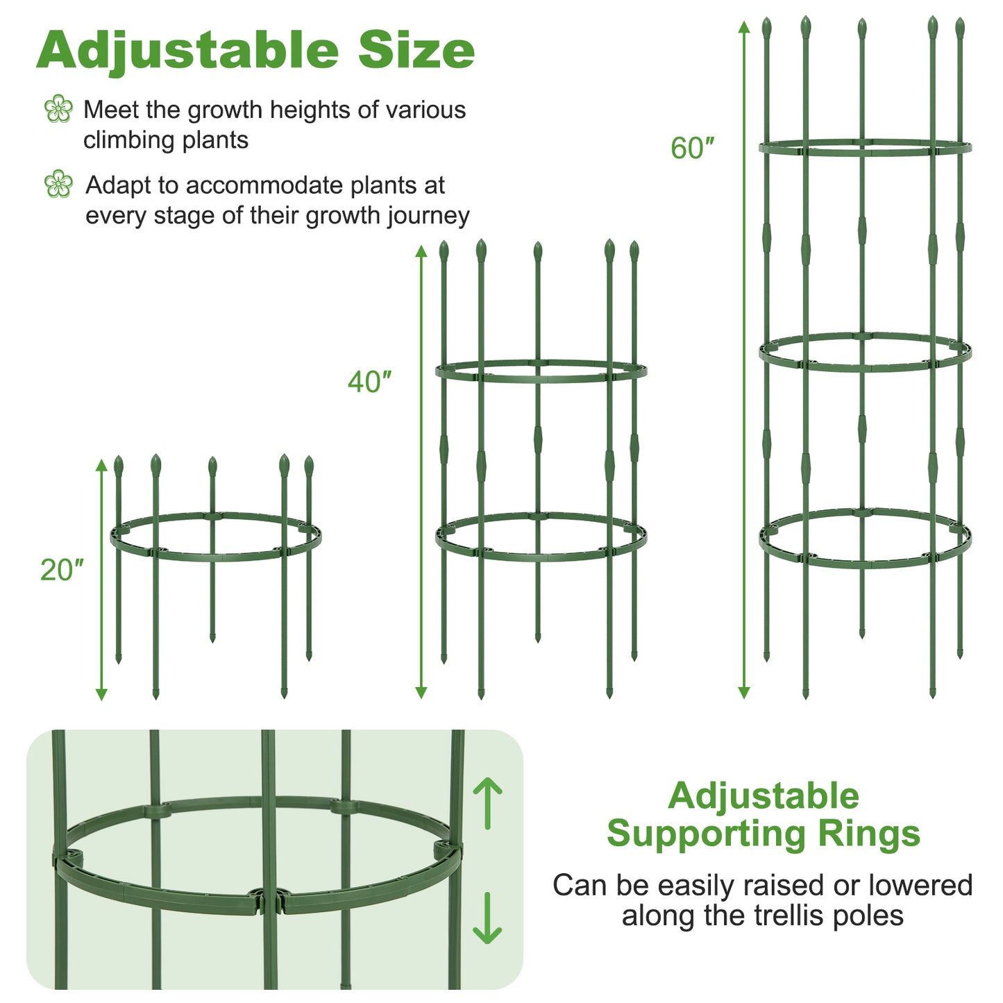 3-Pack Garden Trellis 40"/60" Tall Plant Support Stands with Clips and Ties-M