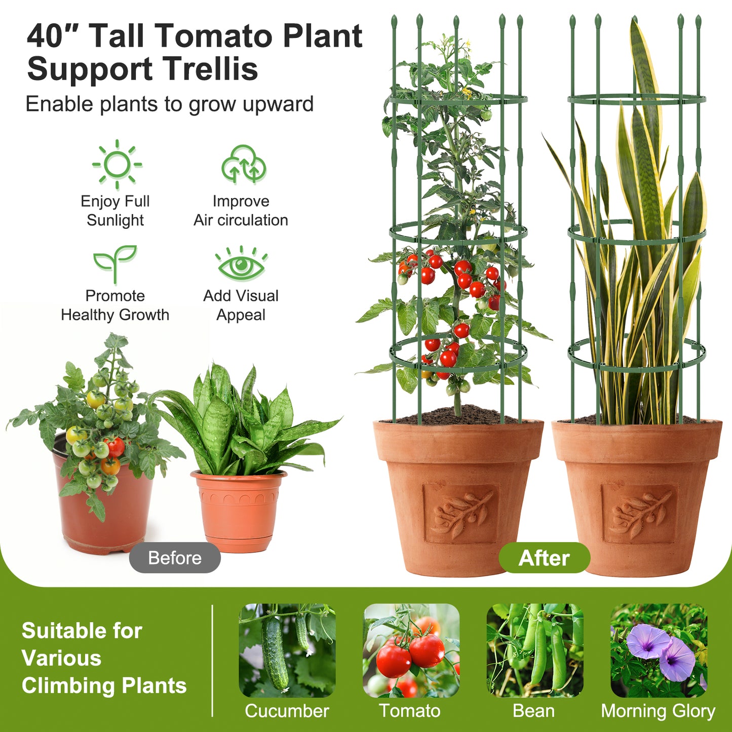 3-Pack Garden Trellis 40"/60" Tall Plant Support Stands with Clips and Ties-M