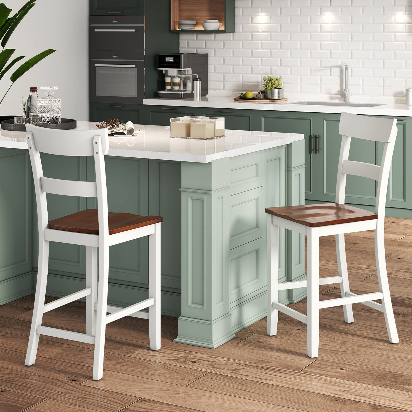 Farmhouse Dining Bar Stool Set of 2 with Solid Rubber Wood Frame-Black