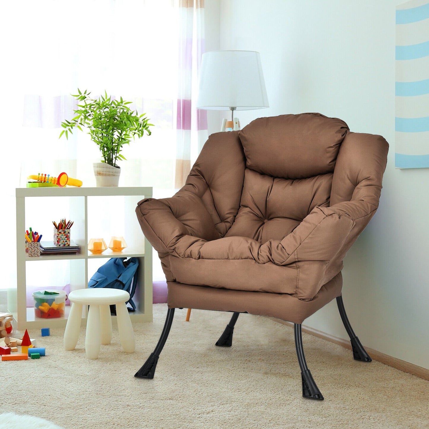 Modern Polyester Fabric Lazy Chair with Steel Frame and Side Pocket-Beige