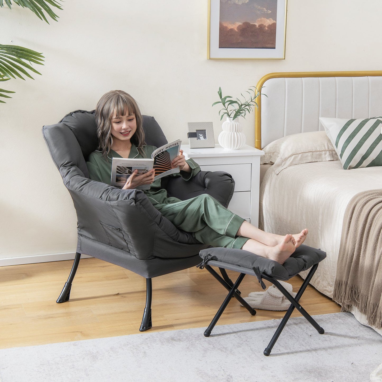 Modern Accent Sofa Chair with Folding Footrest and Side Pocket-Beige