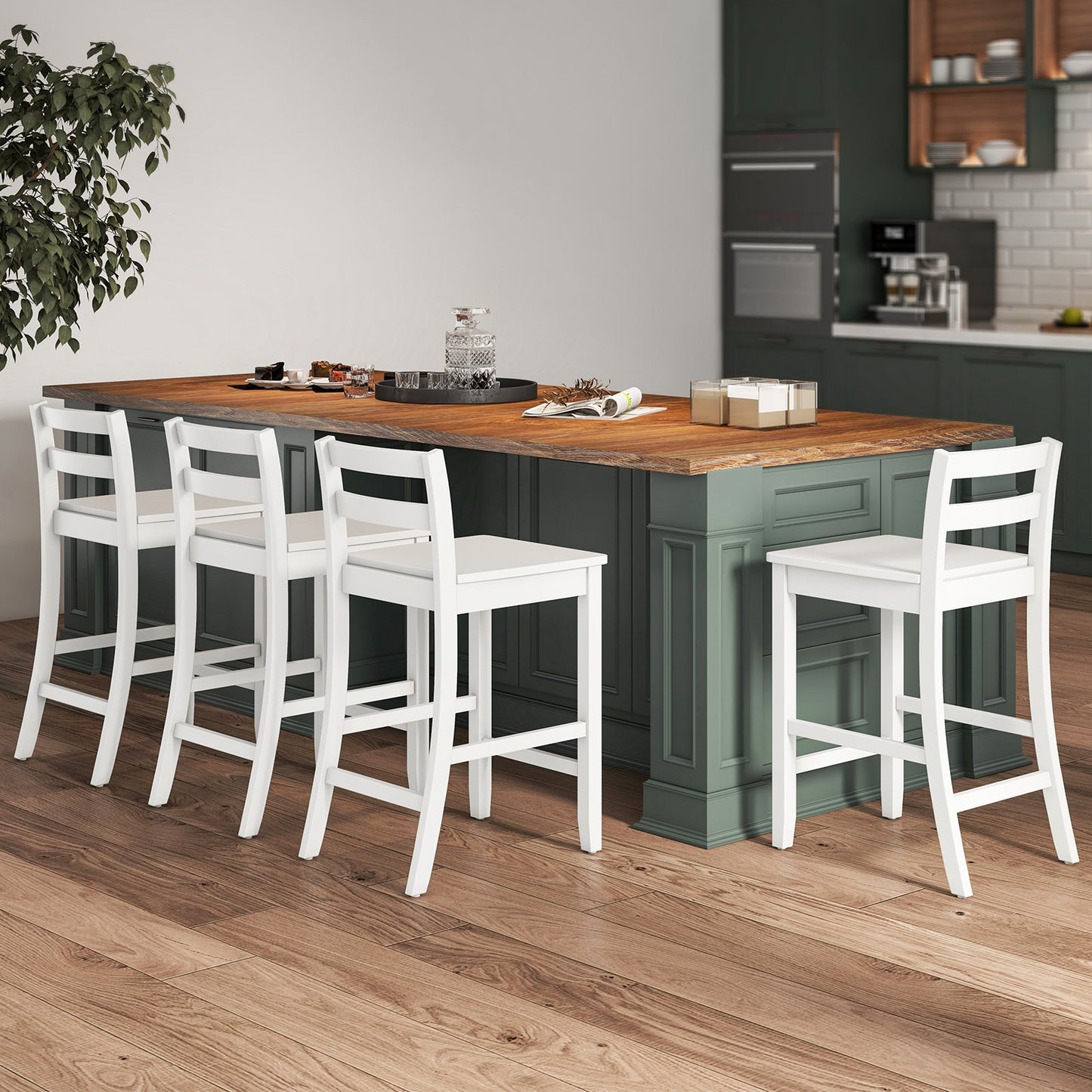 Wooden Bar Stools Set of 2 with Ergonomic Backrest and Footrest-Black