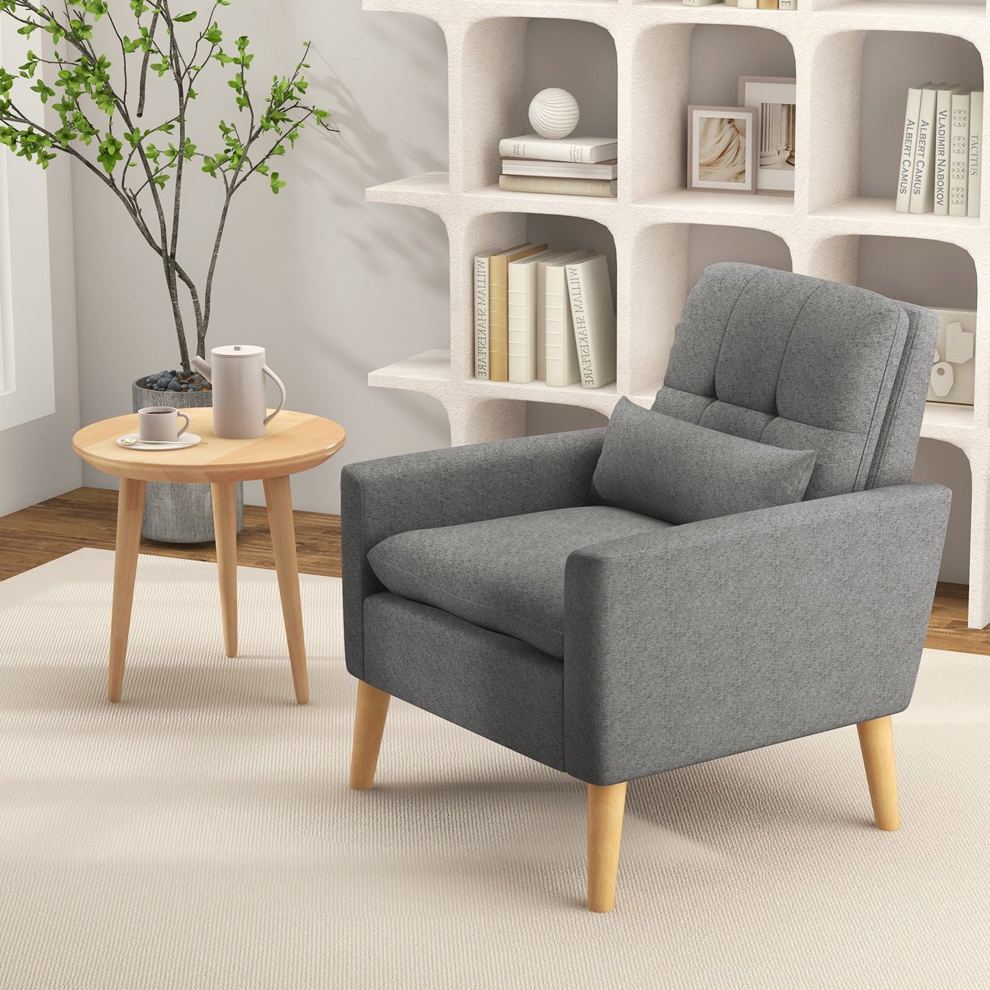 Accent Chair with Lumbar Pillow Natural Rubber Wood Legs Padded Cushions-Beige