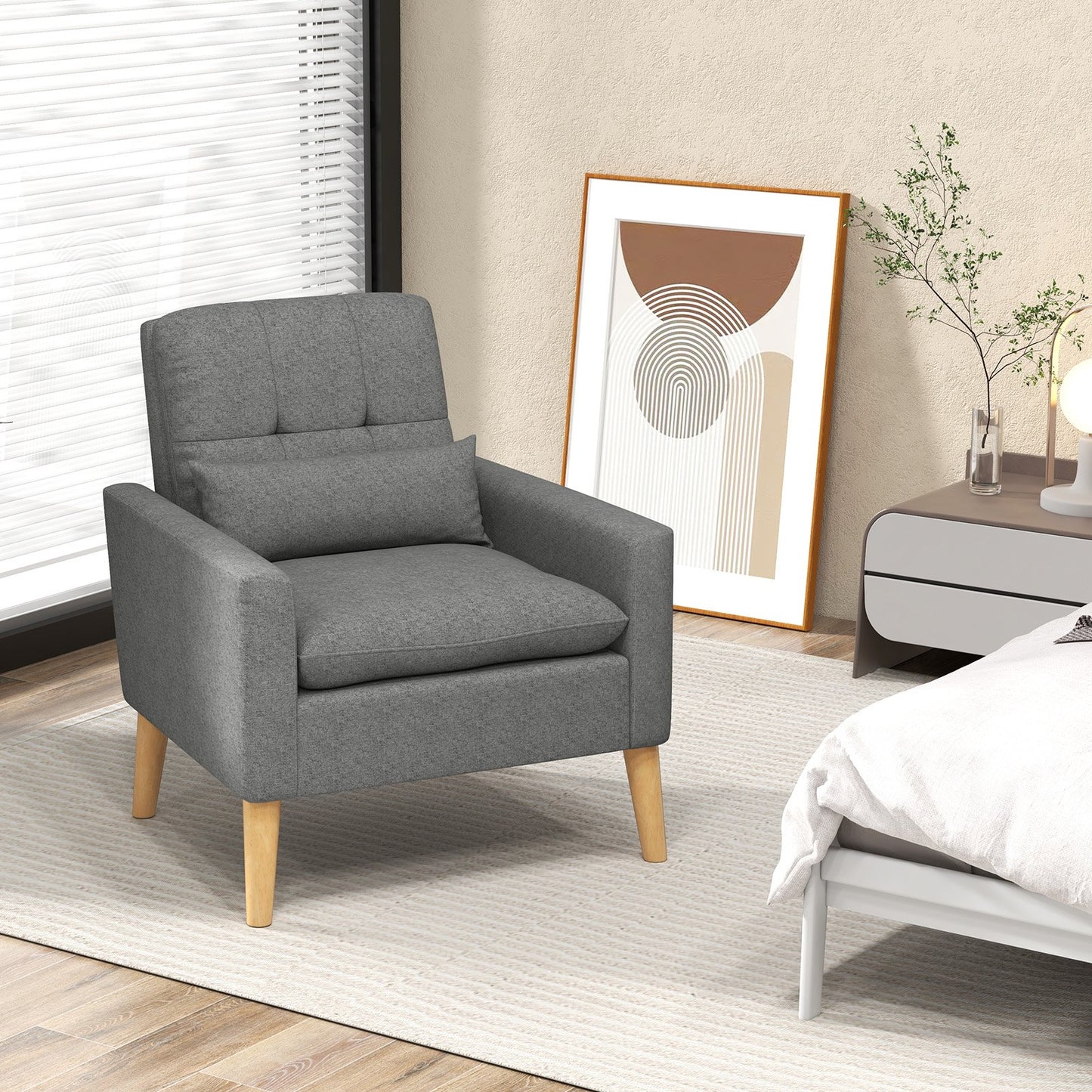 Accent Chair with Lumbar Pillow Natural Rubber Wood Legs Padded Cushions-Beige
