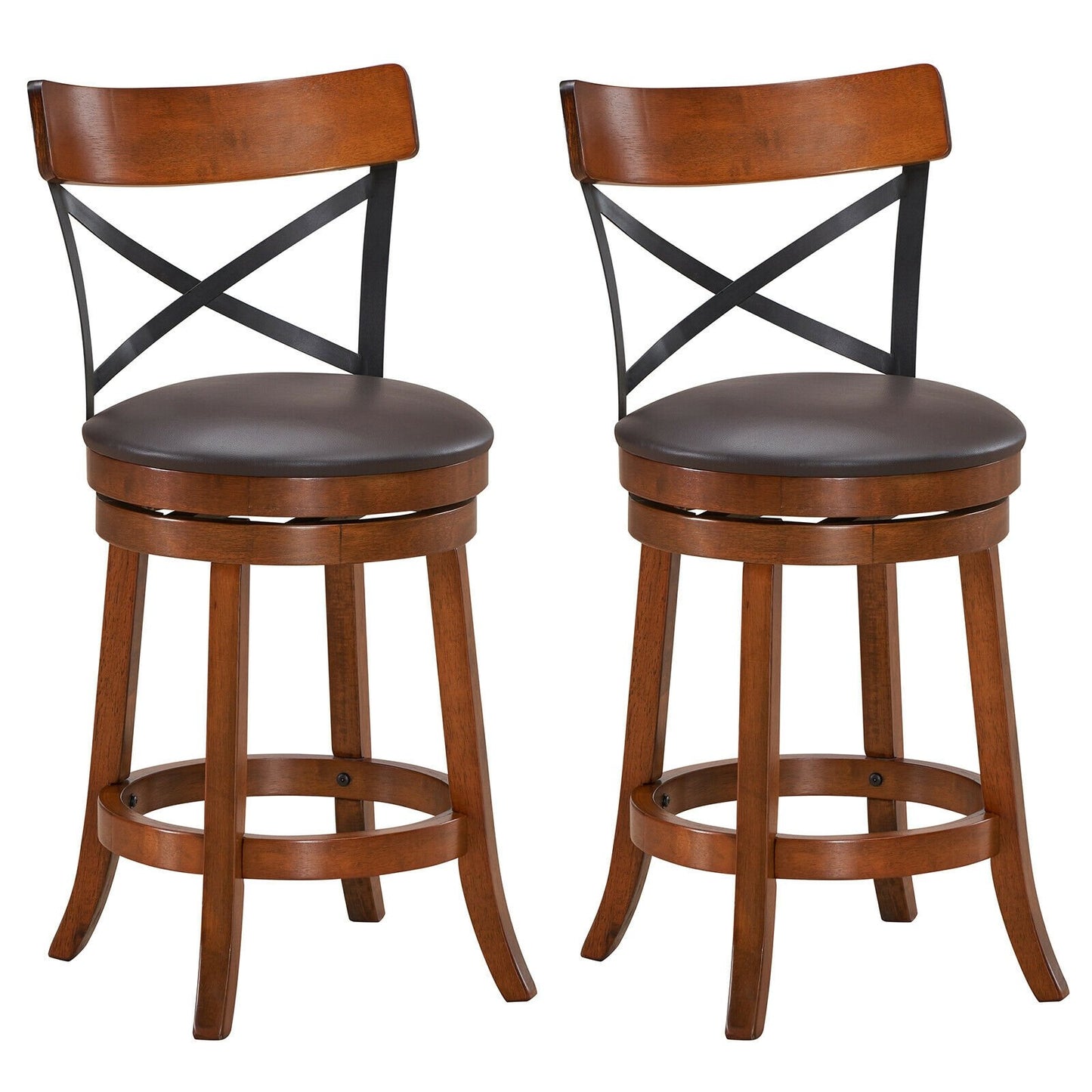 Set of 2 Bar Stools 360-Degree Swivel Dining Bar Chairs with Rubber Wood Legs-M