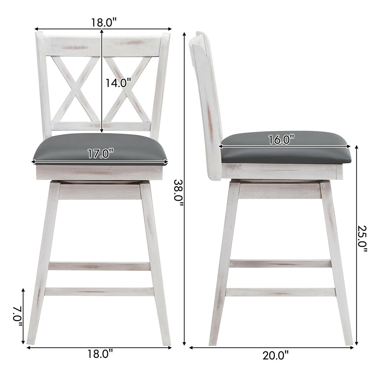2 Pieces 24 Inches Swivel Counter Height Barstool Set with Rubber Wood Legs-White