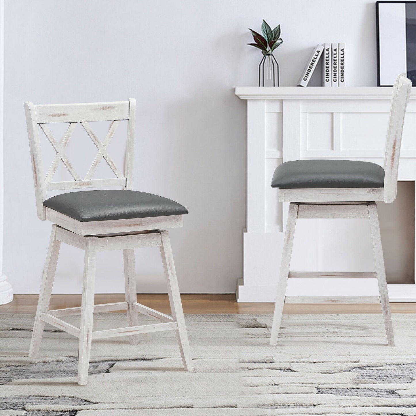 2 Pieces 24 Inches Swivel Counter Height Barstool Set with Rubber Wood Legs-White