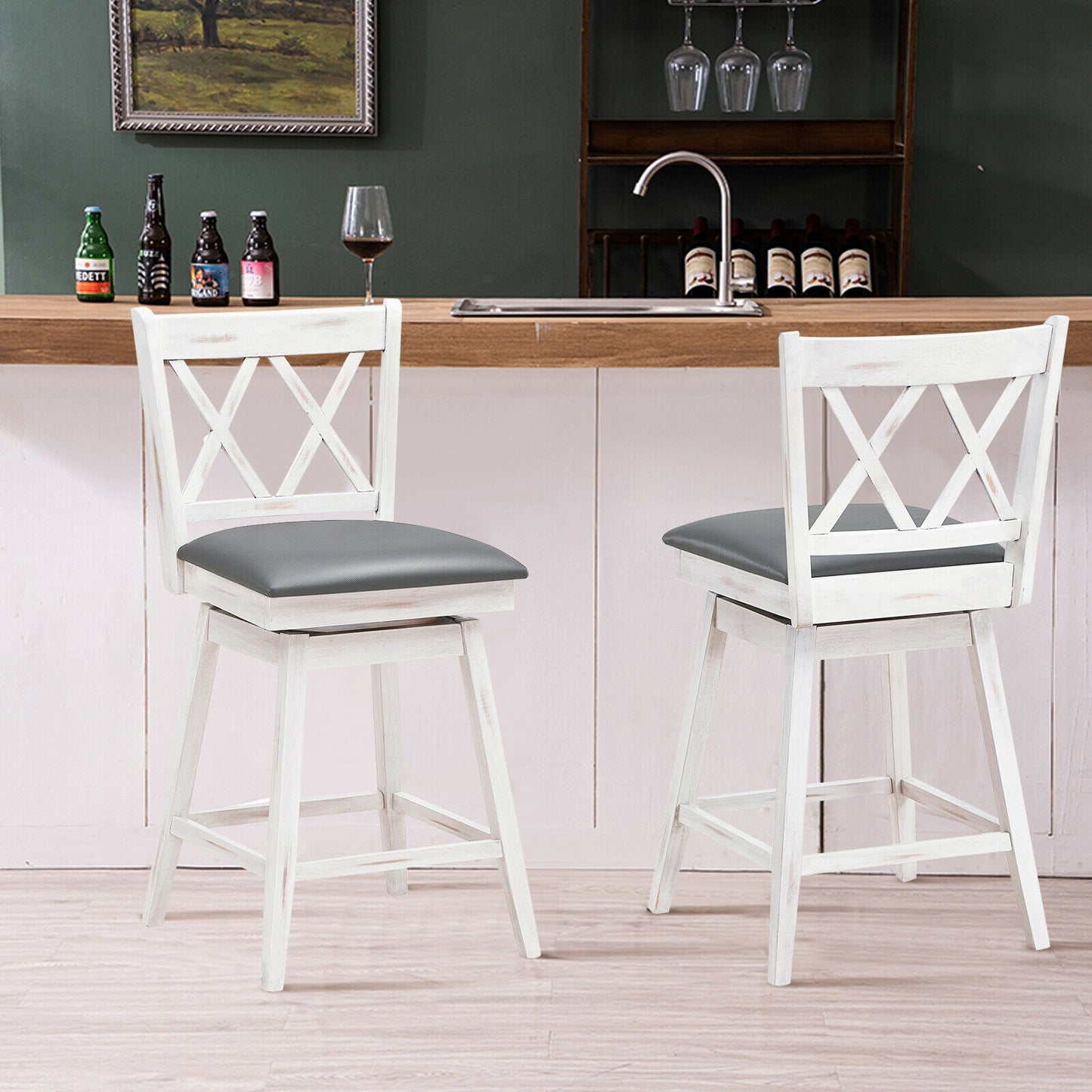 2 Pieces 24 Inches Swivel Counter Height Barstool Set with Rubber Wood Legs-White