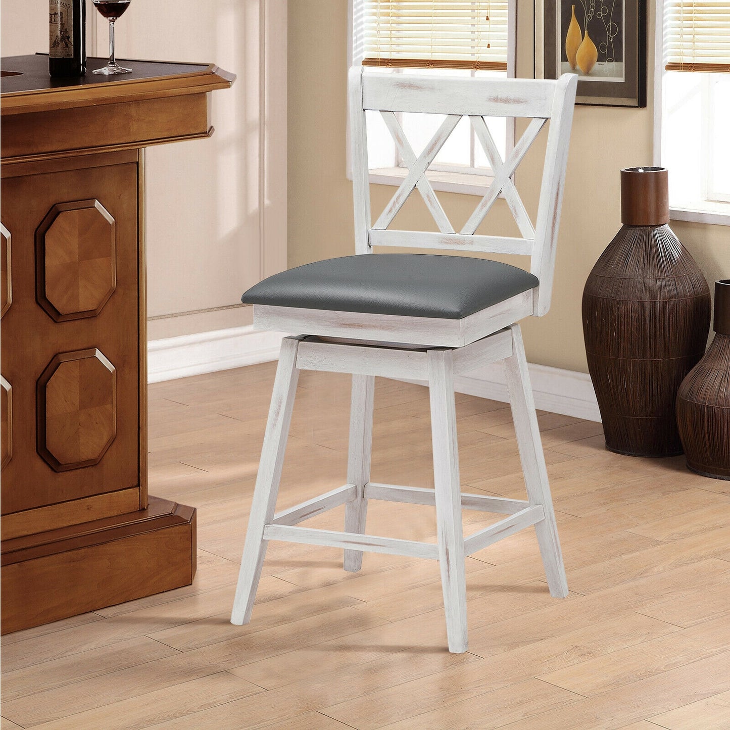 2 Pieces 24 Inches Swivel Counter Height Barstool Set with Rubber Wood Legs-White