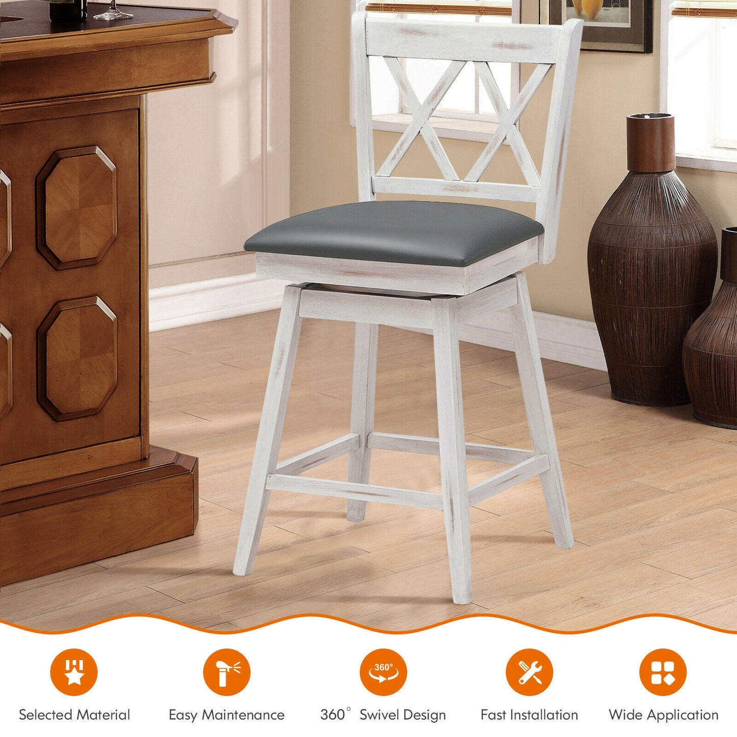 2 Pieces 24 Inches Swivel Counter Height Barstool Set with Rubber Wood Legs-White