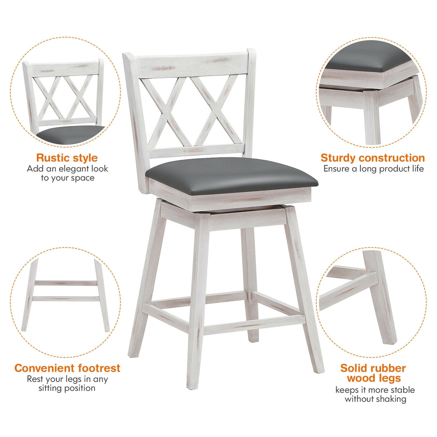 2 Pieces 24 Inches Swivel Counter Height Barstool Set with Rubber Wood Legs-White