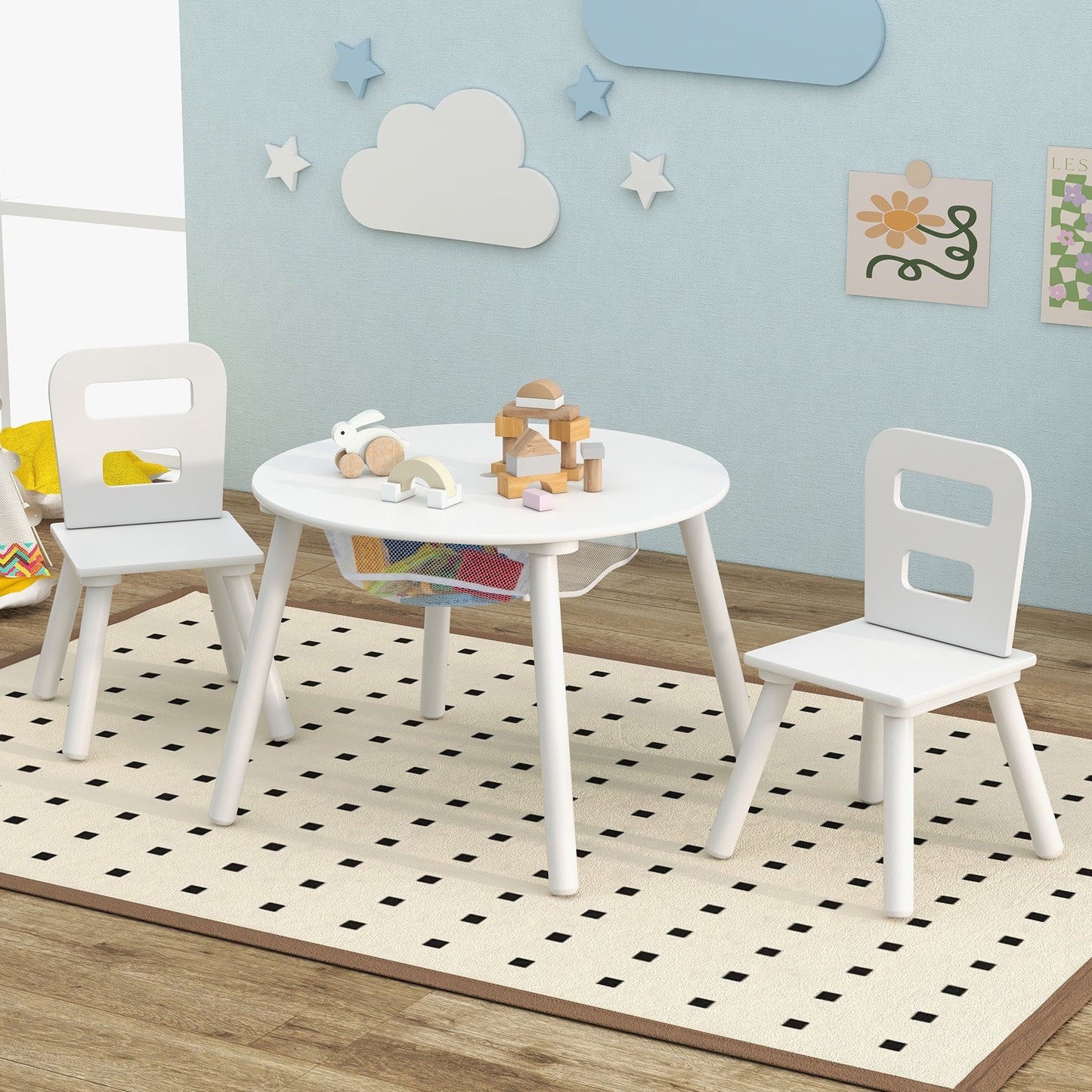 Wood Activity Kids Table and Chair Set with Center Mesh Storage for Snack Time and Homework-Blue