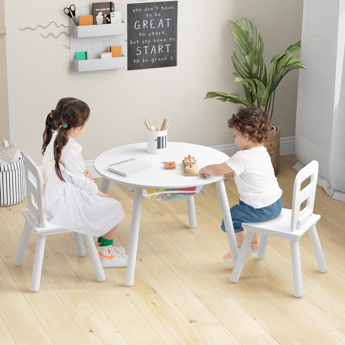 Wood Activity Kids Table and Chair Set with Center Mesh Storage for Snack Time and Homework-Blue
