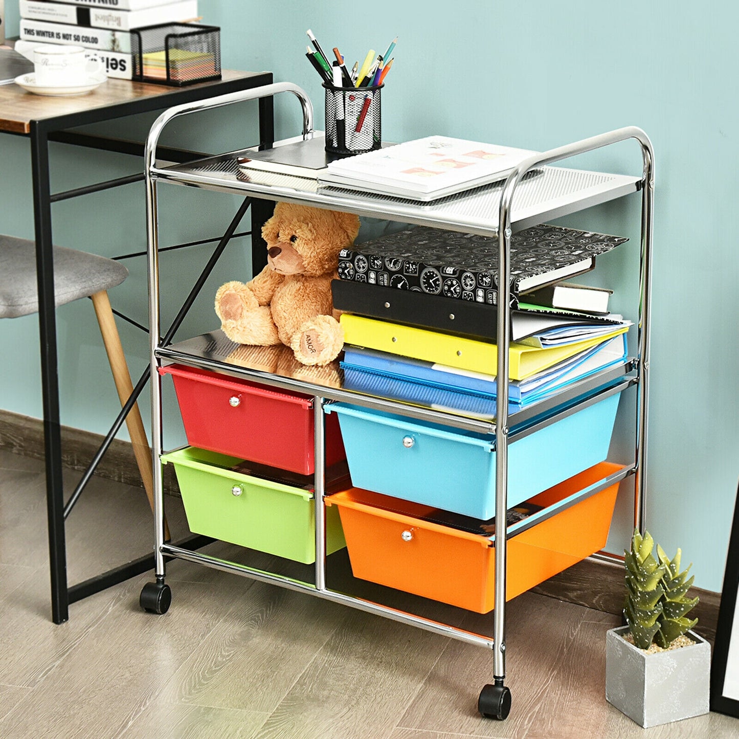 4 Drawers Shelves Rolling Storage Cart Rack-Black