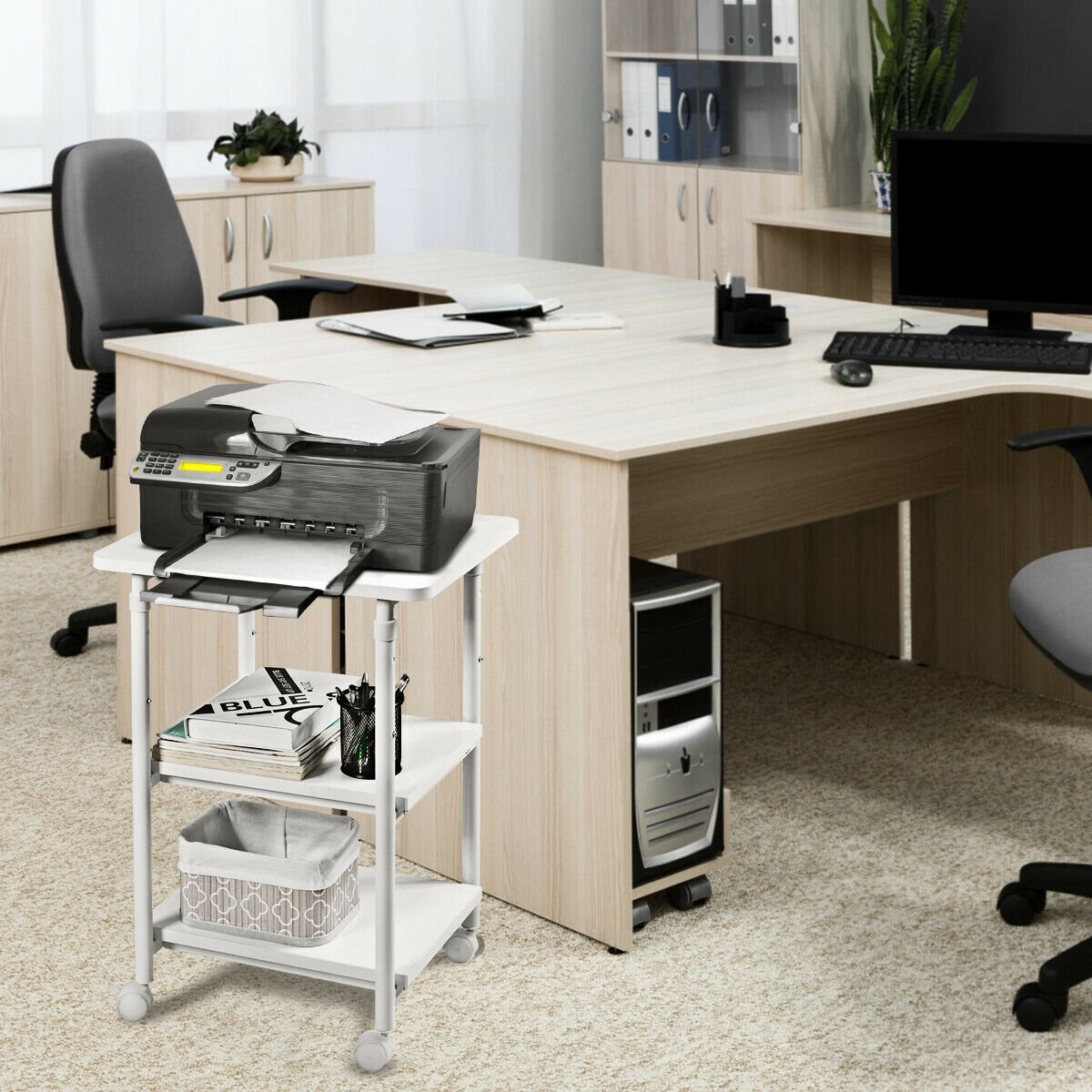 3-tier Adjustable Printer Stand with 360° Swivel Casters-Black