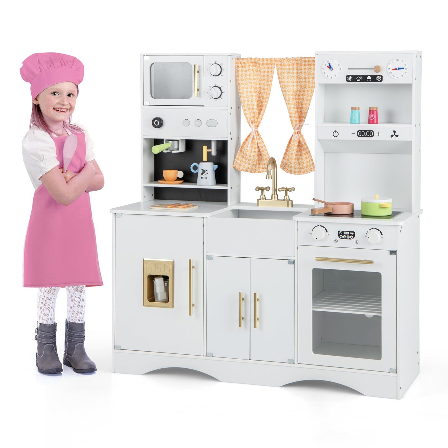Kids Kitchen Playset with Microwave and Coffee Maker for Ages 3+-Pink
