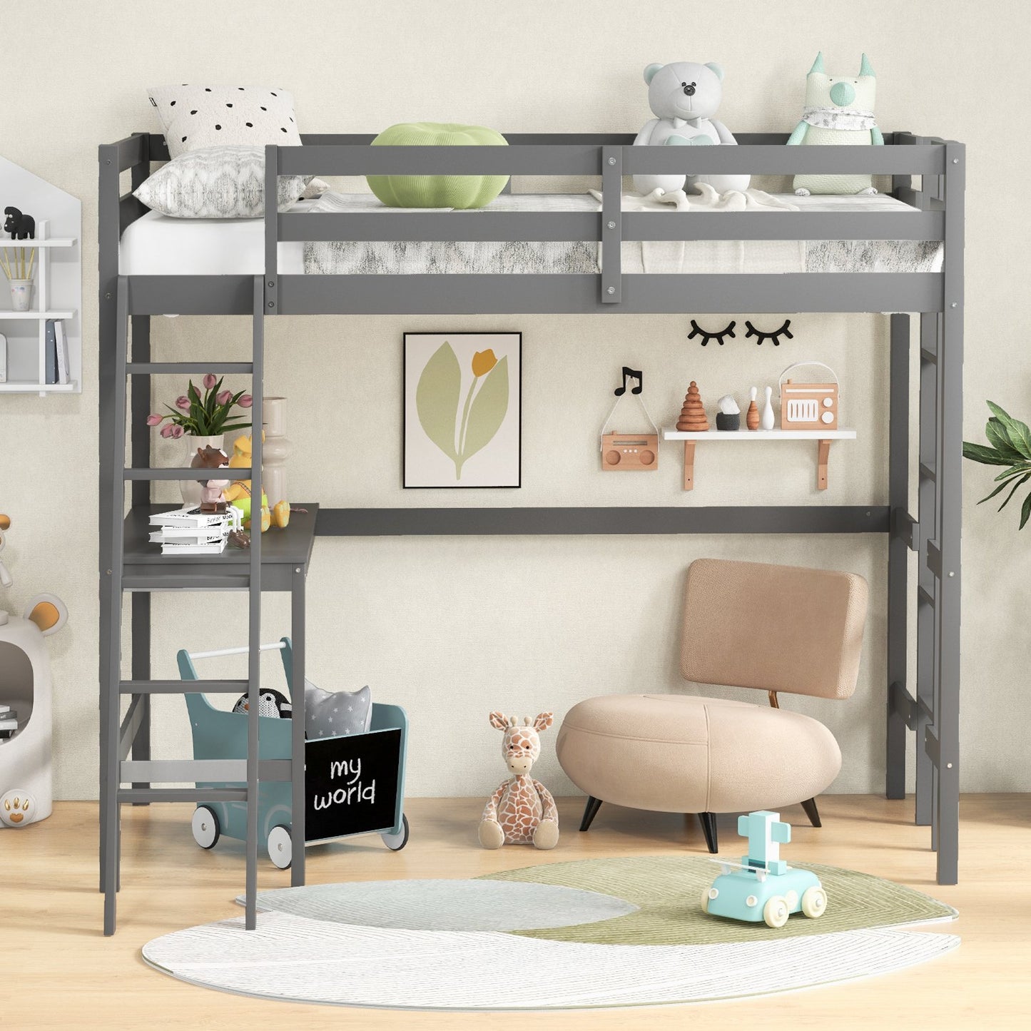 Twin Size Loft Bed Frame with Desk Angled and Built-in Ladder-Dark Brown