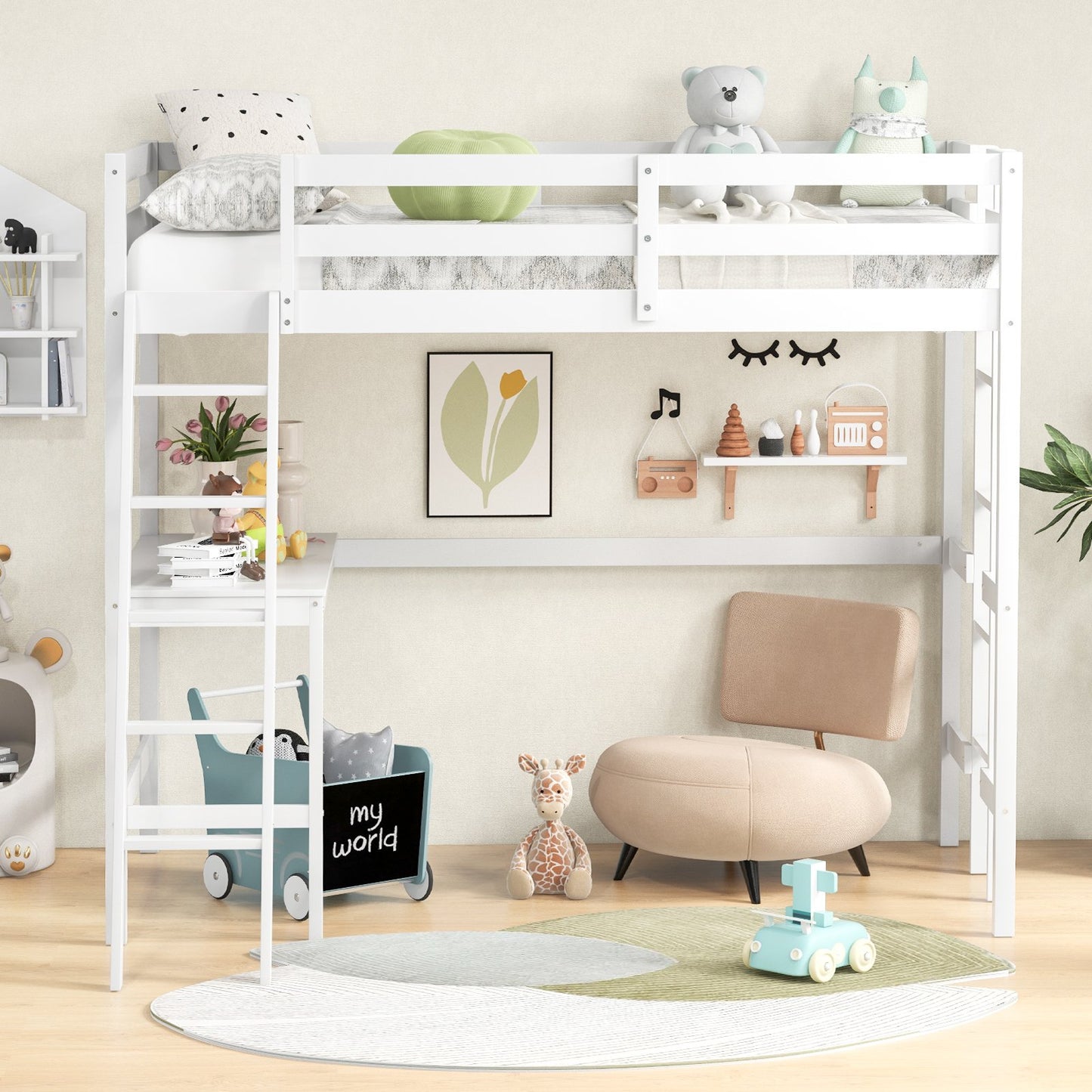 Twin Size Loft Bed Frame with Desk Angled and Built-in Ladder-Dark Brown