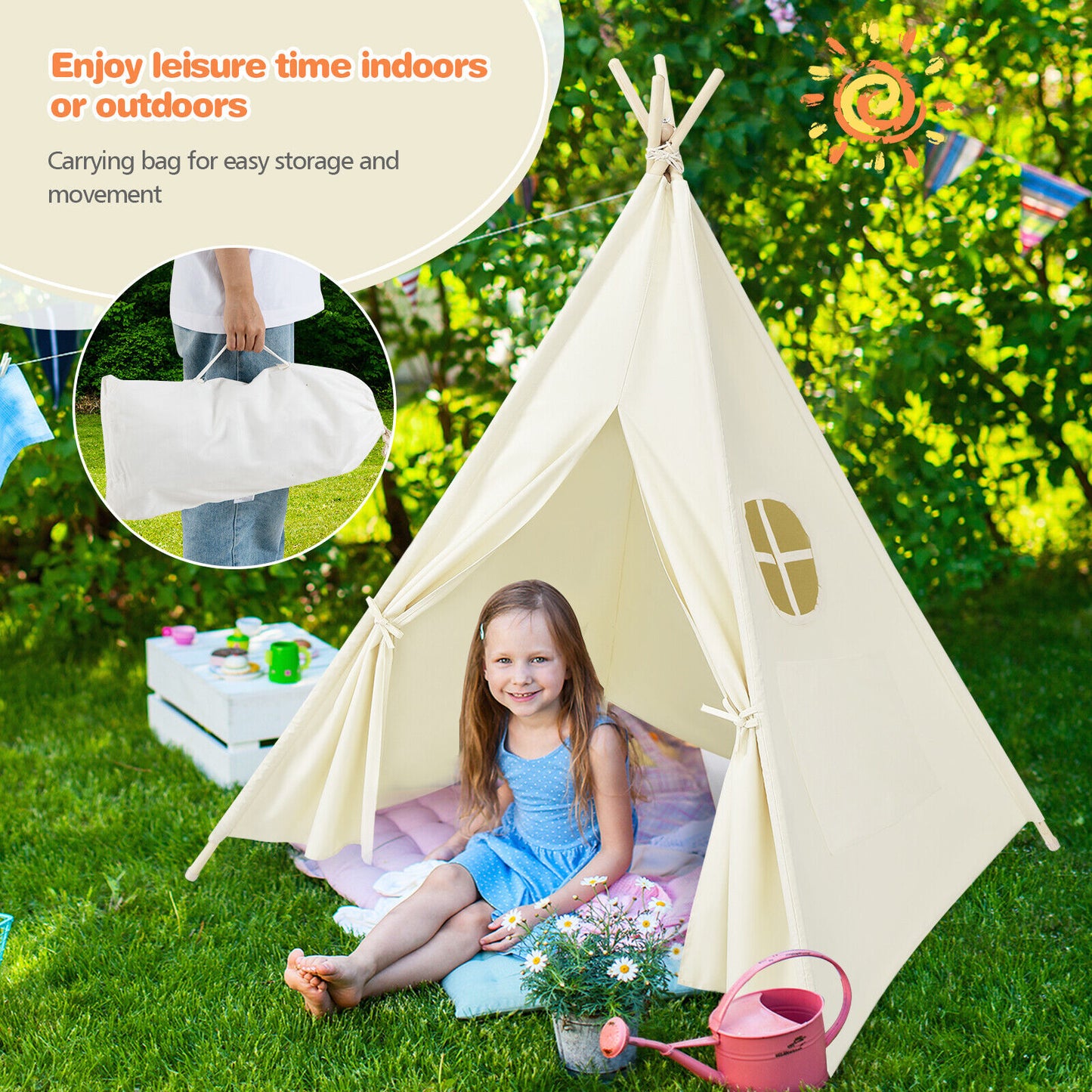 Kids Canvas Teepee Play Tent Foldable