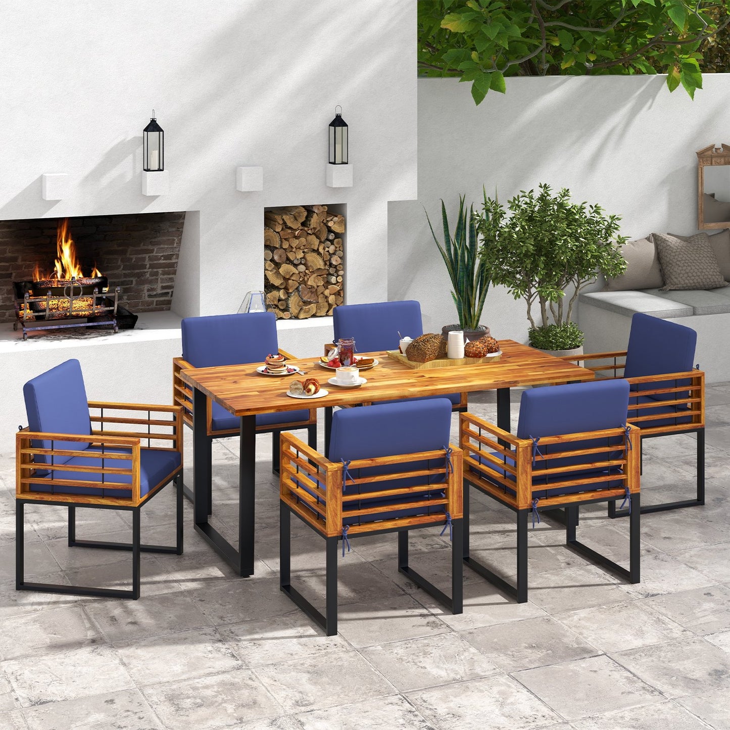 7 Pieces Patio Acacia Wood Dining Chair and Table Set for Backyard and Poolside-Navy