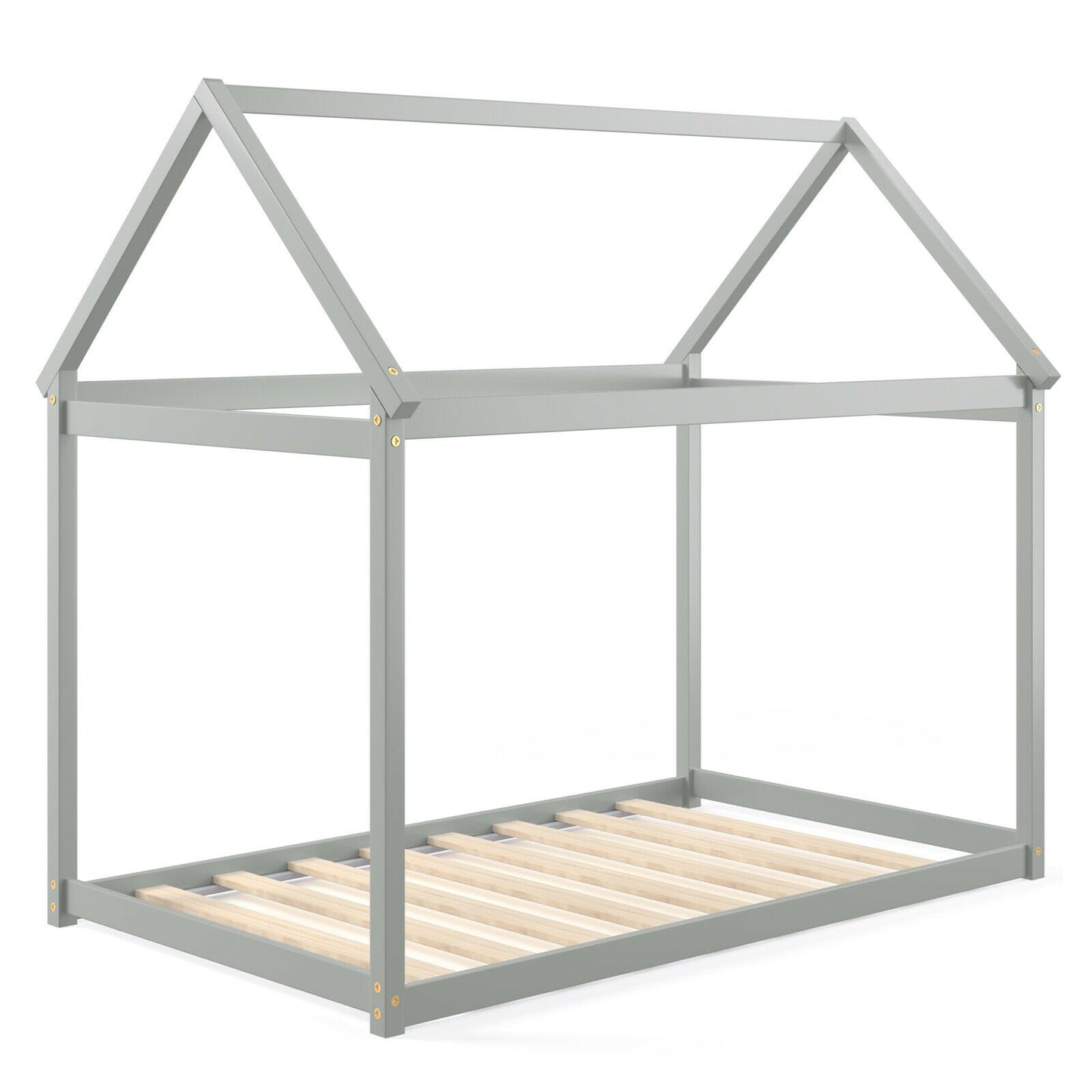 Stable Kids Platform Floor Bed with Roof and Heavy-Duty Slats-Espresso