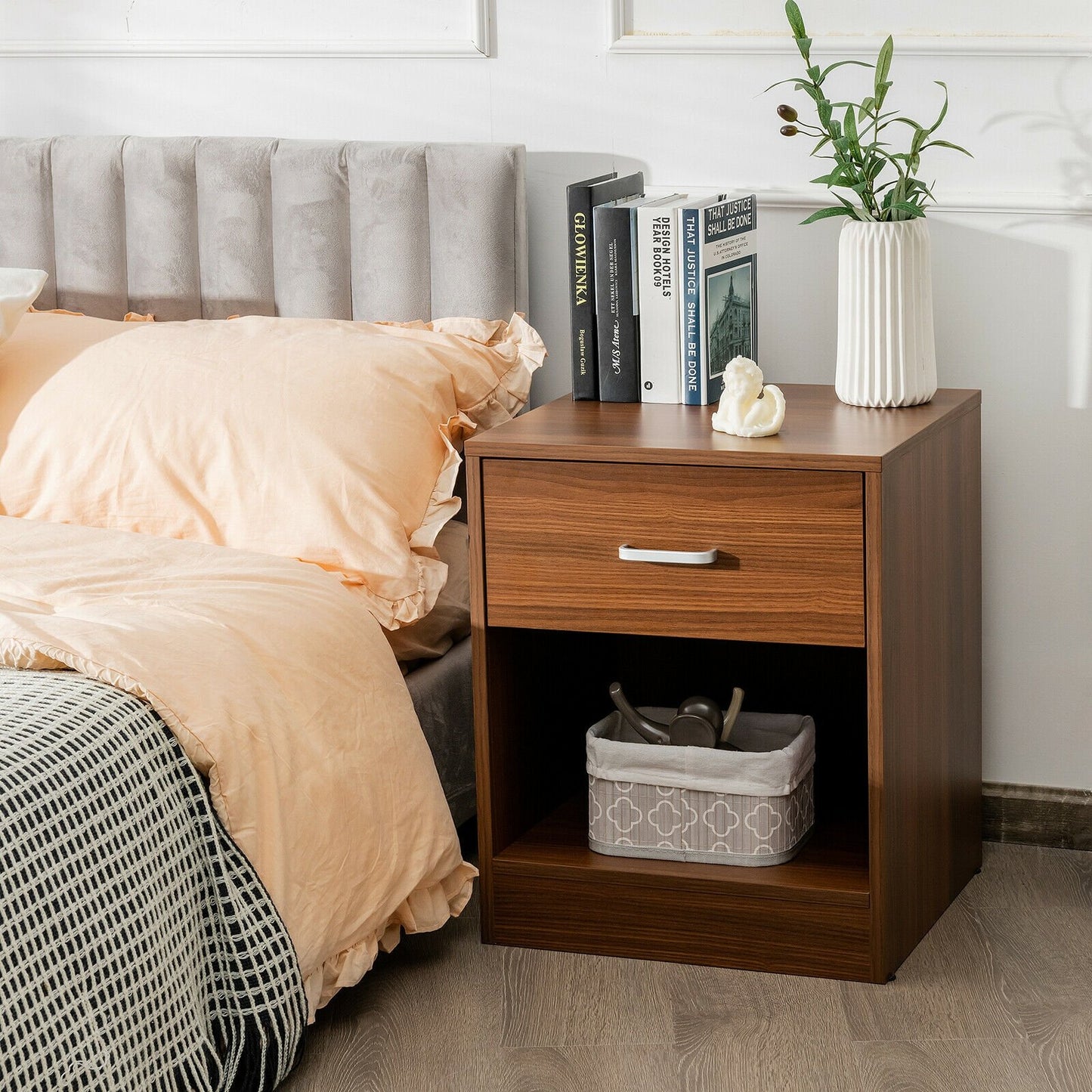 Modern Nightstand with Storage Drawer and Cabinet-Black