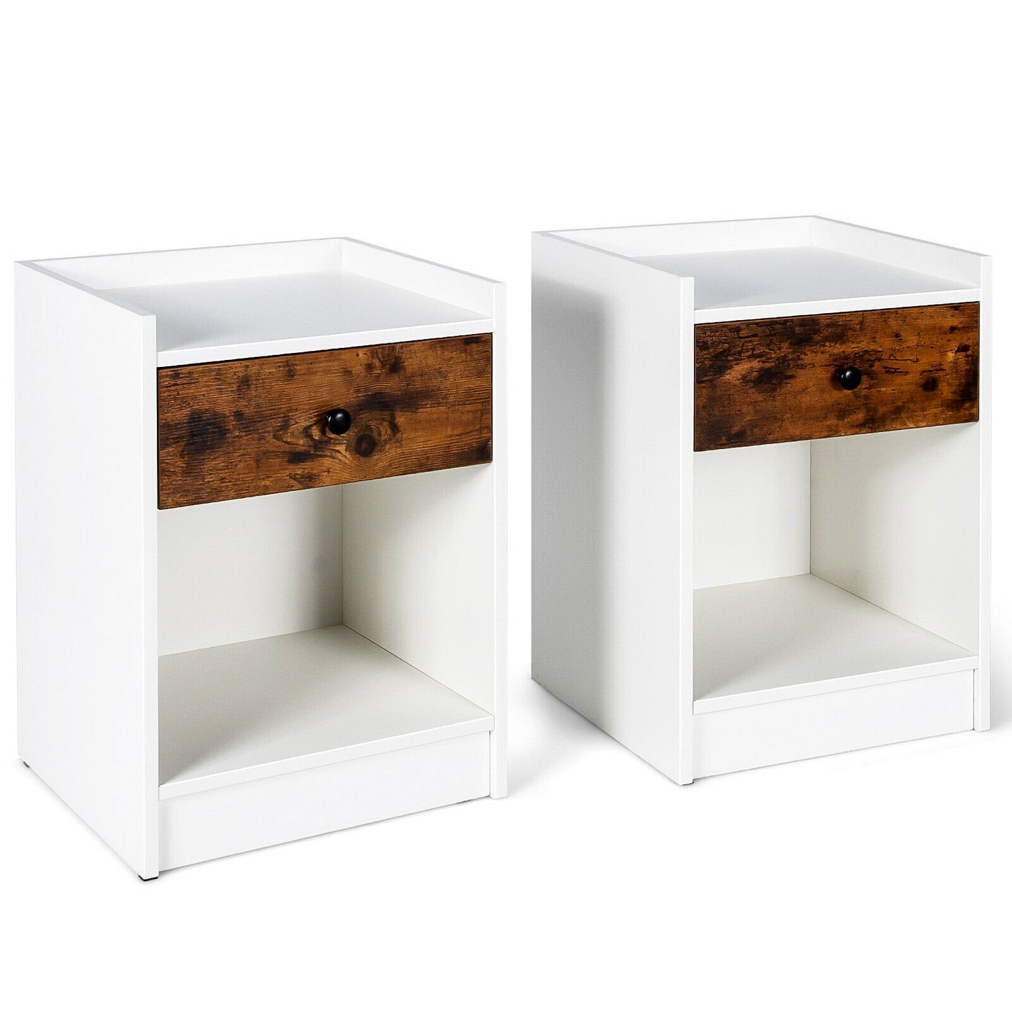 Set of 2 Nightstand with Drawer Cabinet End Side Table Raised Top-Black