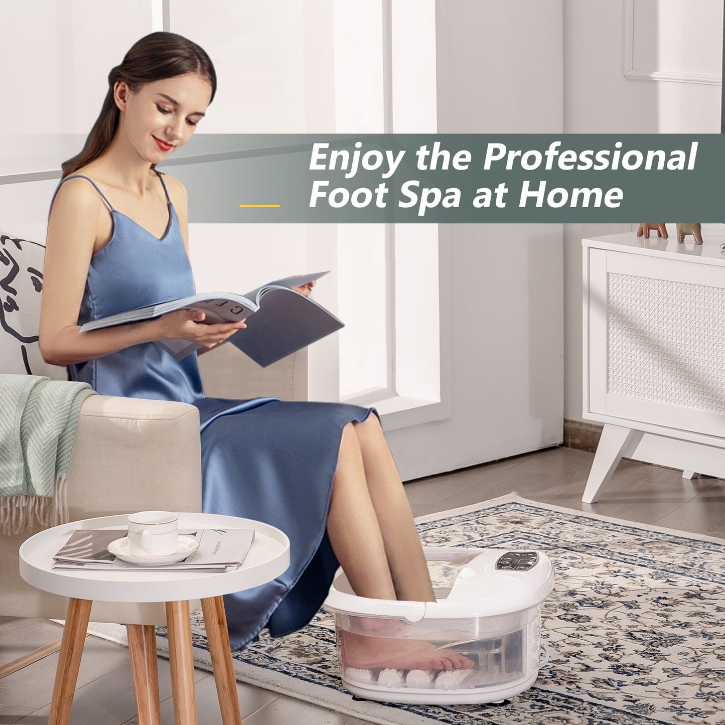 Foot Spa Tub with Bubbles and Electric Massage Rollers for Home Use-Blue