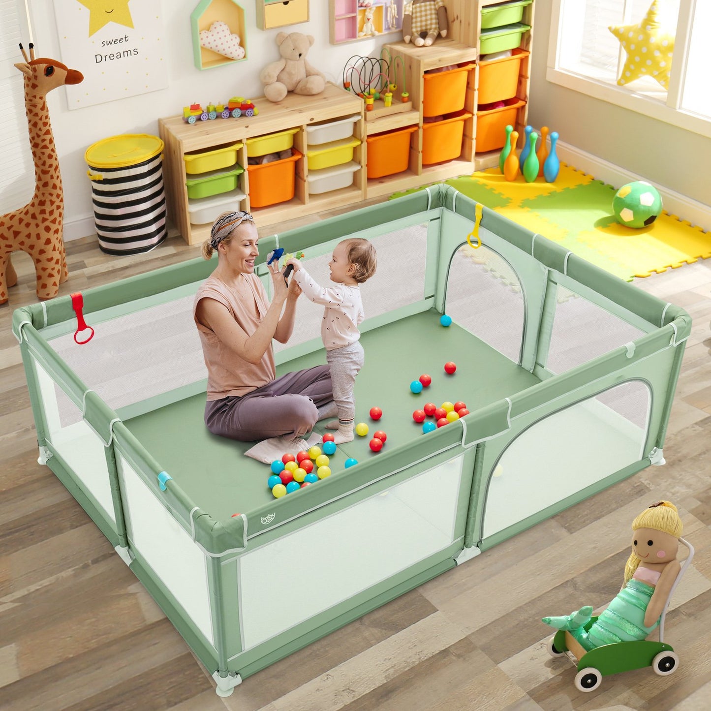 81 x 59 Inch Portable Baby Playpen with Ocean Balls and Handlebars-Black