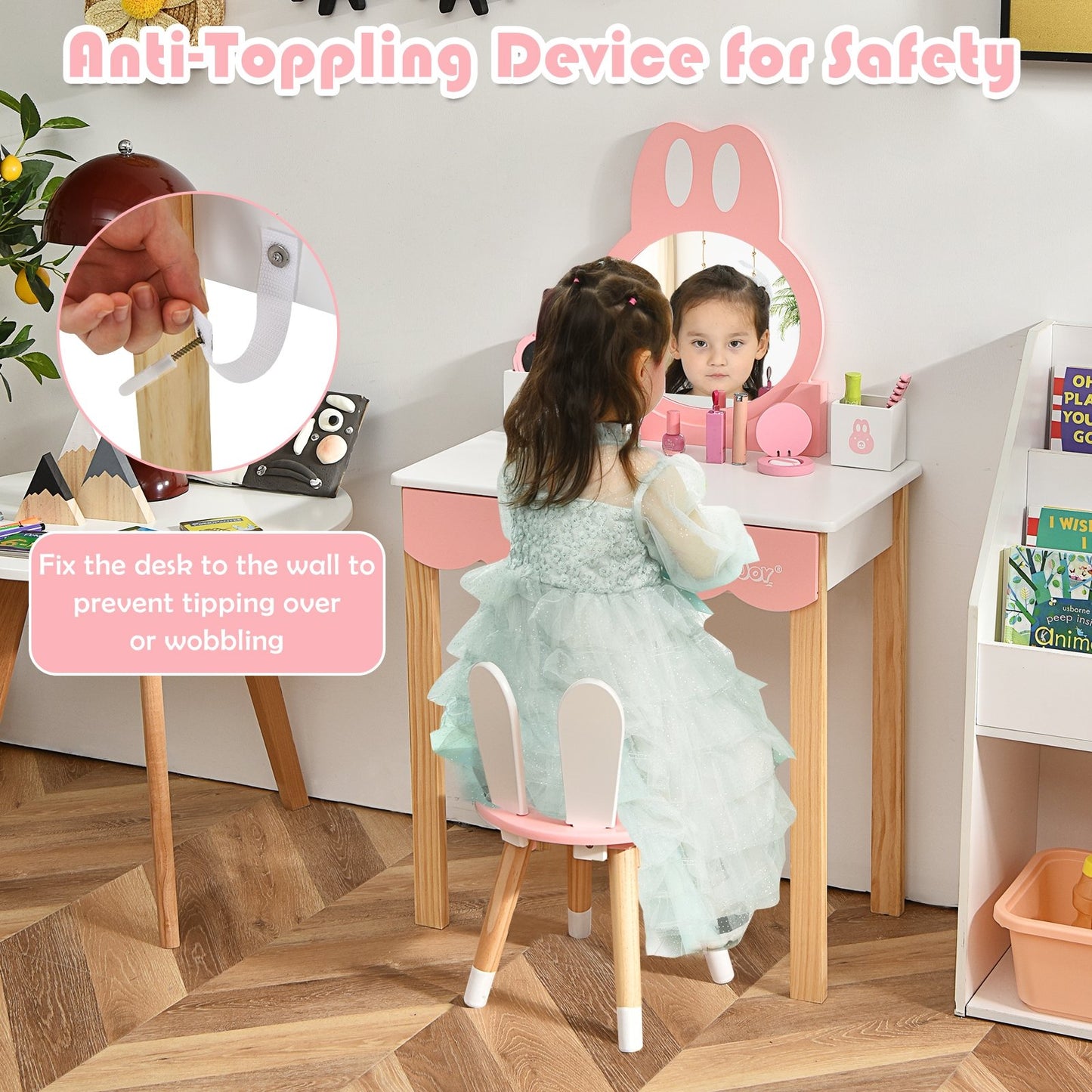 Kids Vanity Set Rabbit Makeup Dressing Table Chair Set with Mirror and Drawer-Pink