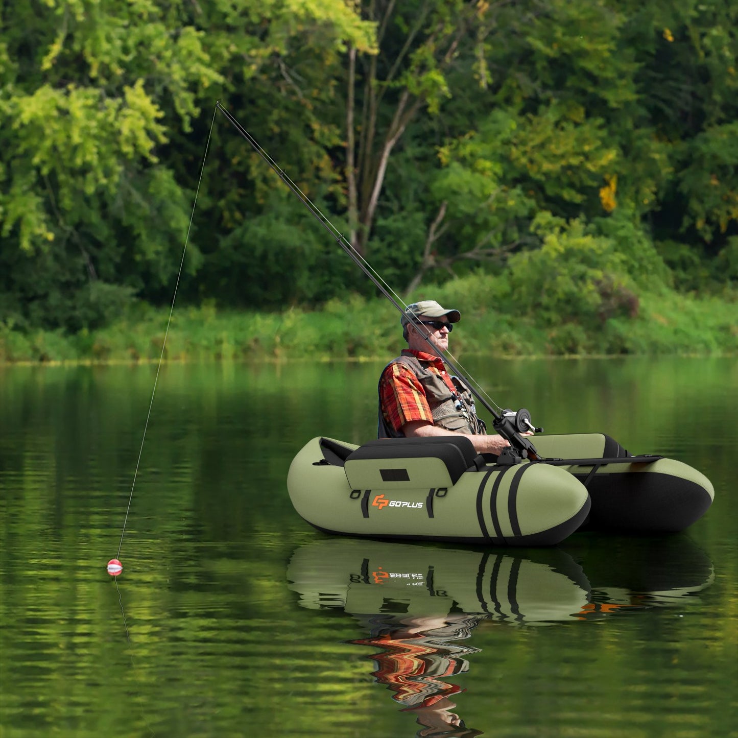 Inflatable Fishing Float Tube with Fish Ruler and Pump Storage Pockets-Beige