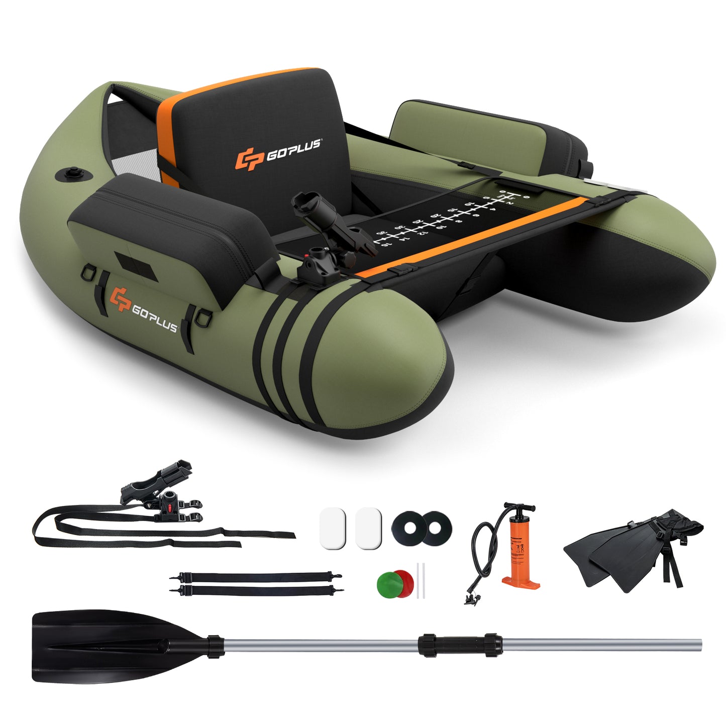 Inflatable Fishing Float Tube with Fish Ruler and Pump Storage Pockets-Beige