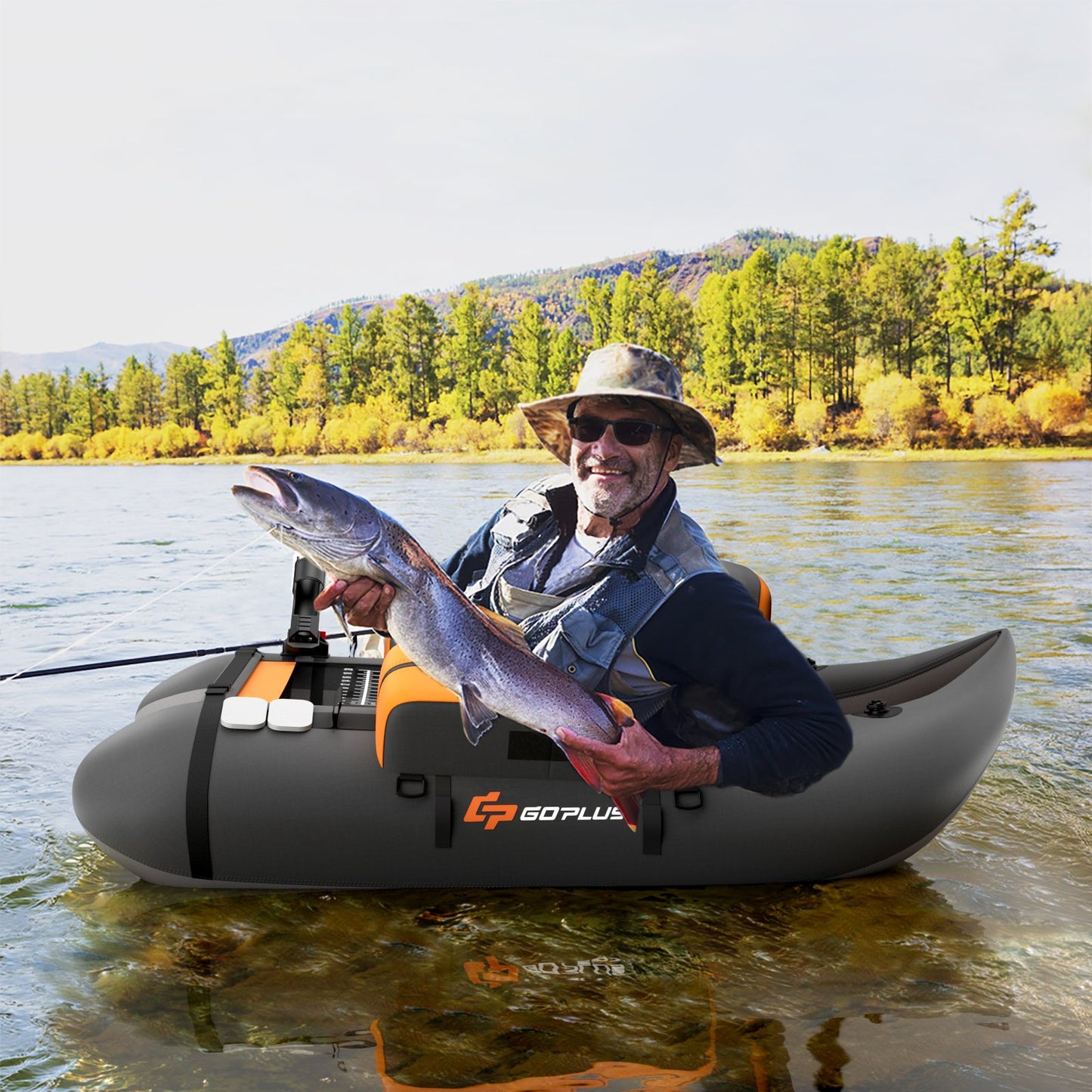 Inflatable Fishing Float Tube with Fish Ruler and Pump Storage Pockets-Beige