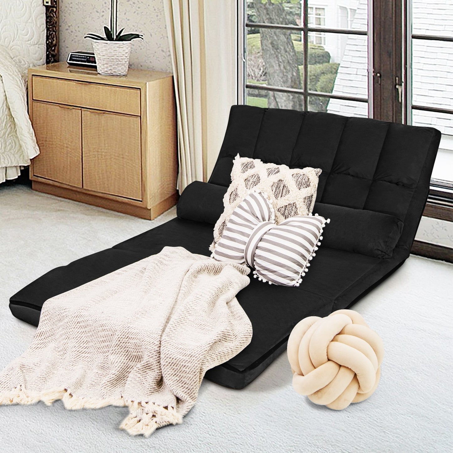 Foldable Floor 6-Position Adjustable Lounge Couch-Beige