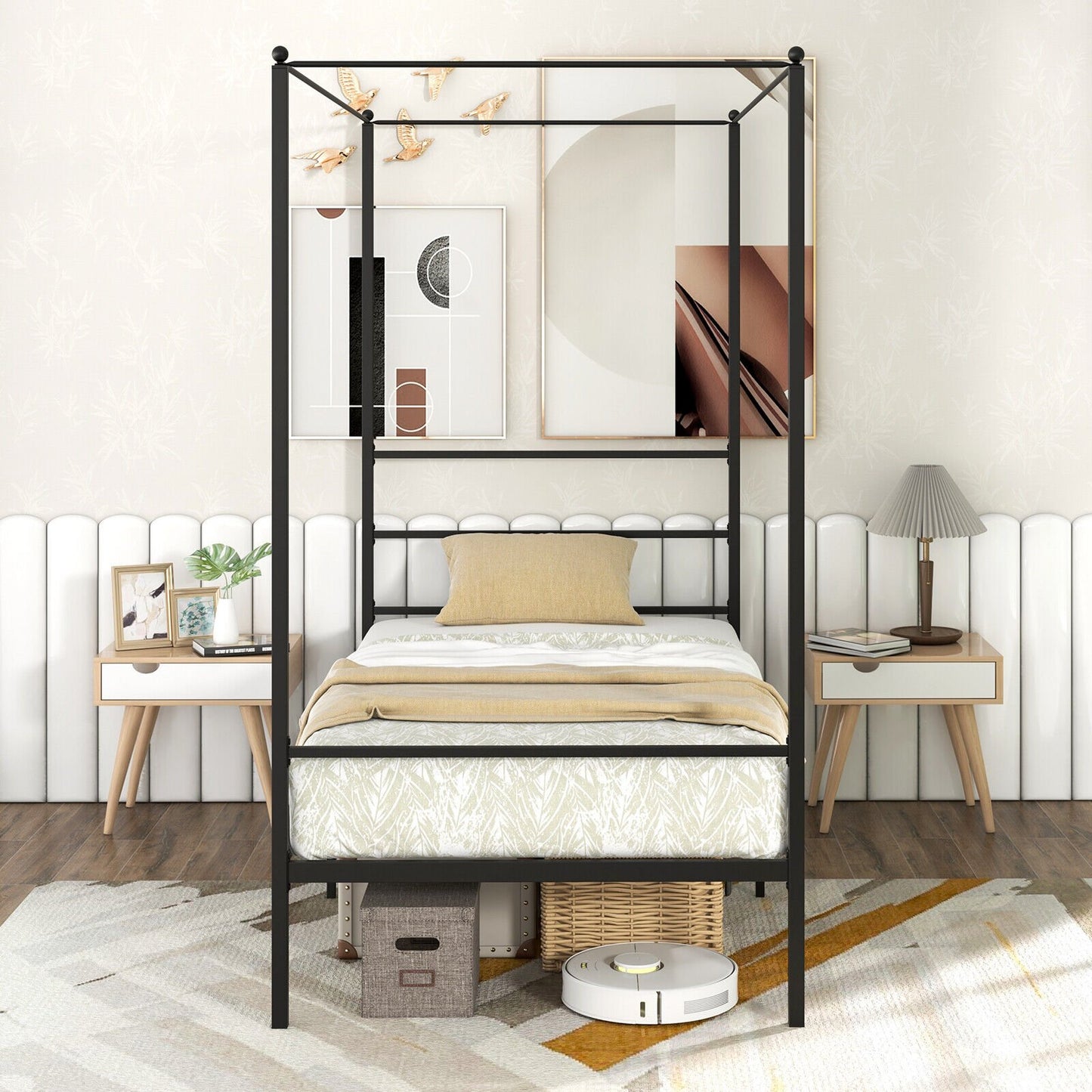Twin/Full/Queen Size Metal Canopy Bed Frame with Slat Support-Full Size