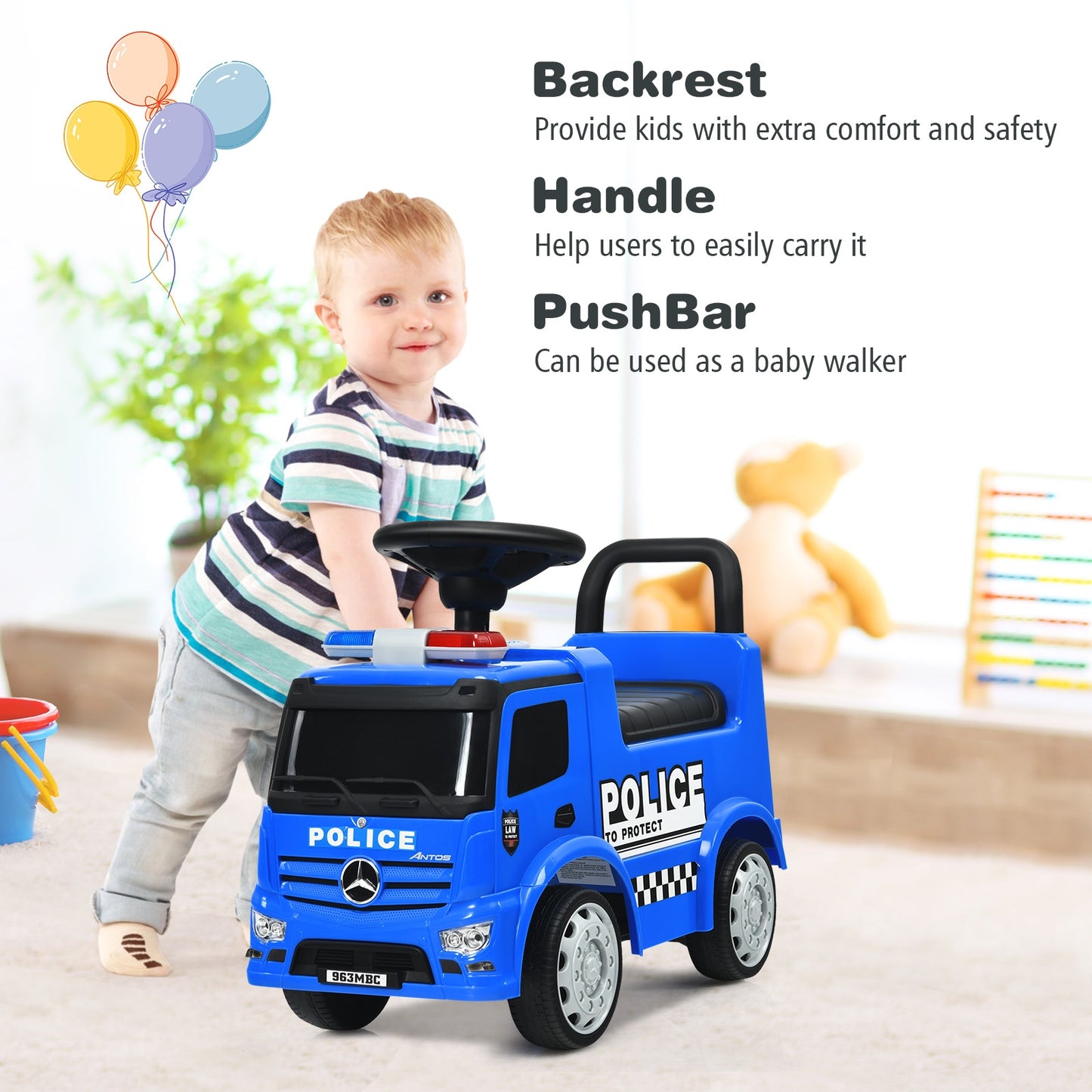 Mercedes Benz Kids Ride On Push Licensed Police Car-Blue