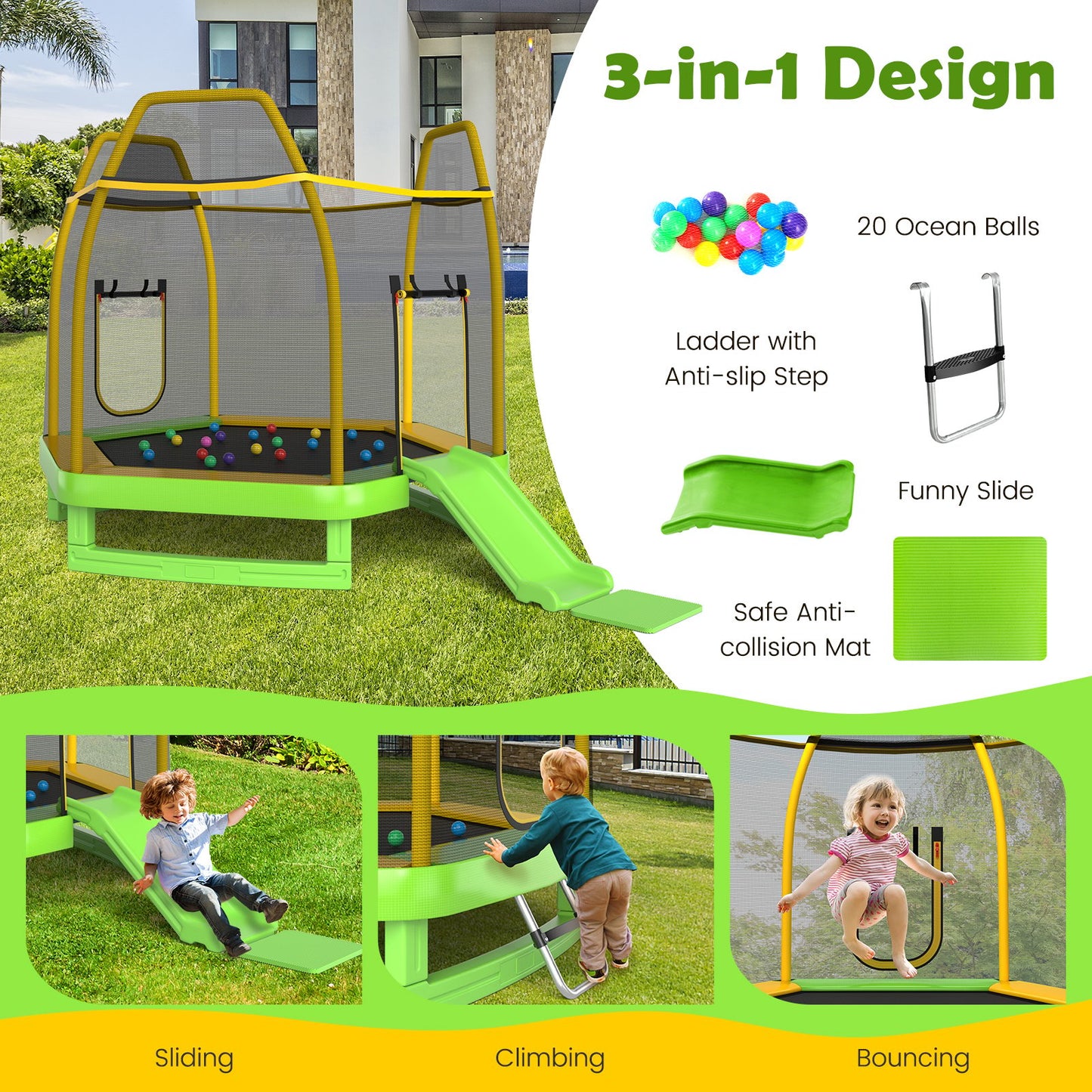 7 Feet Trampoline with Ladder and Slide for Indoor and Outdoor-Blue