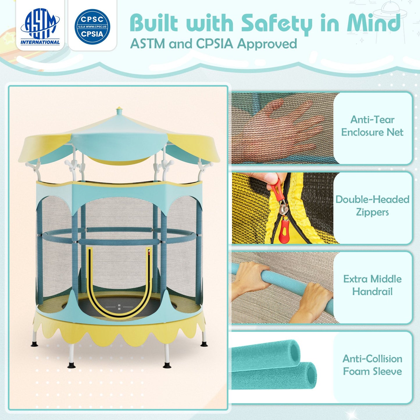 64 Inch Kids Trampoline with Detachable Canopy and Safety Enclosure Net-Orange