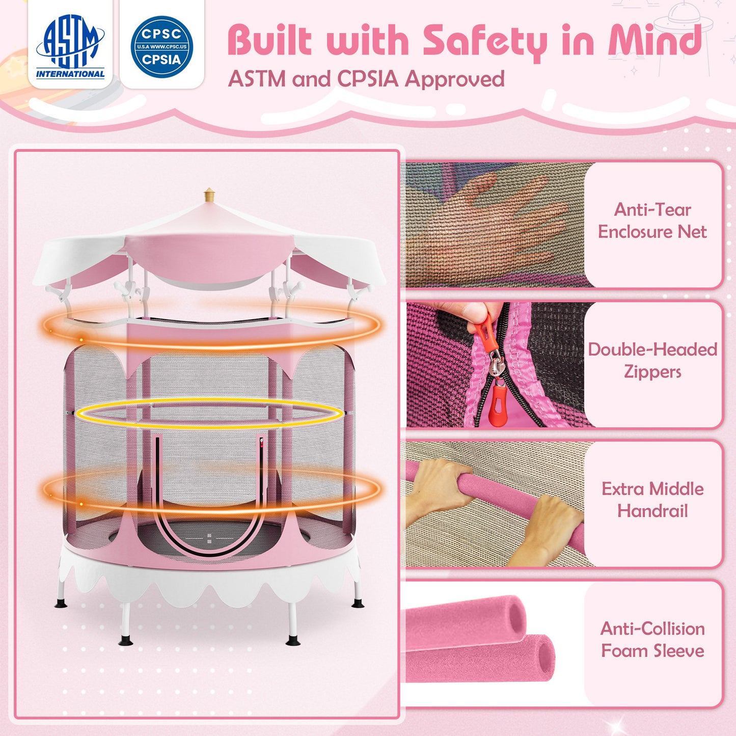 64 Inch Kids Trampoline with Detachable Canopy and Safety Enclosure Net-Orange