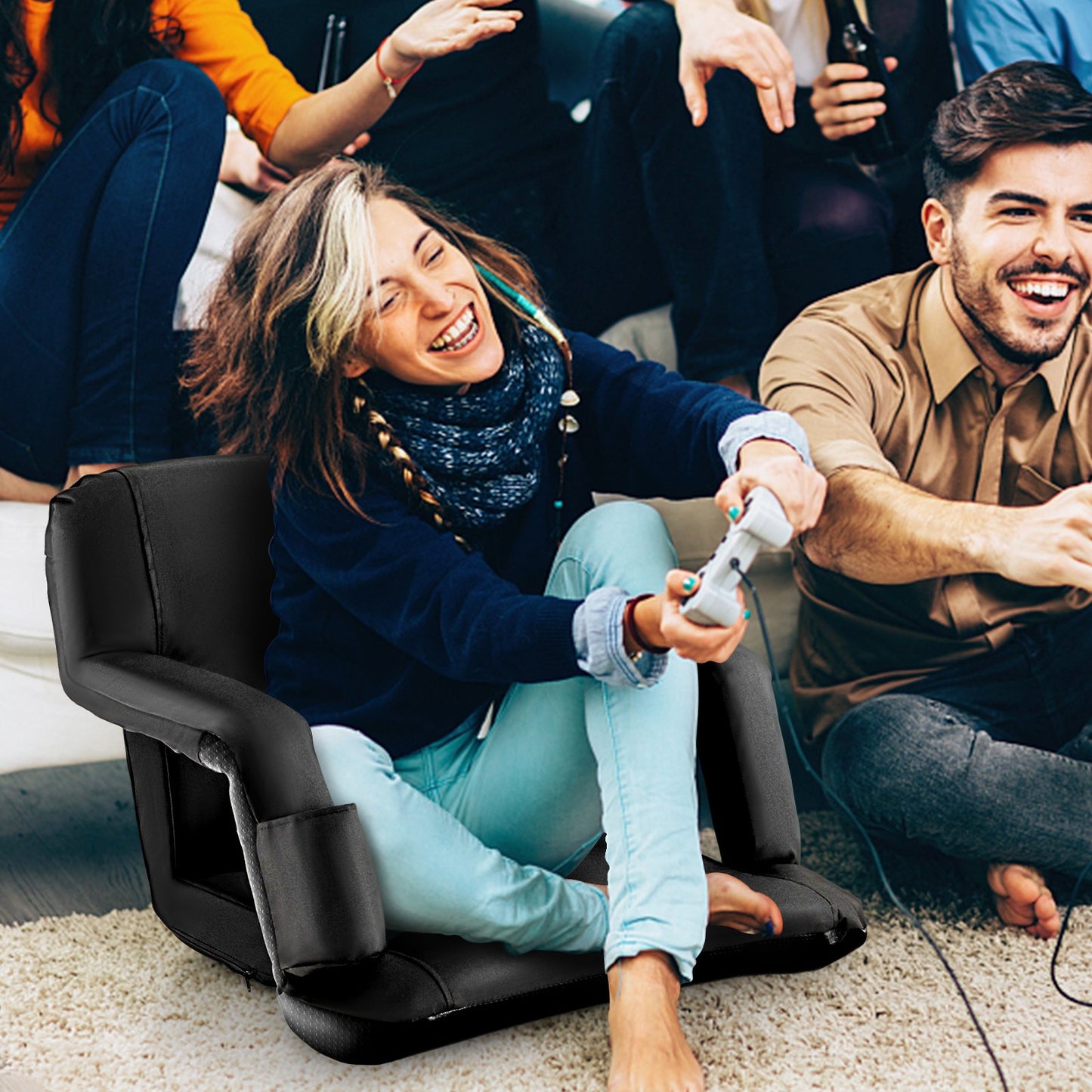 Foldable Bleacher Chair with 6 Reclining Positions and Padded Cushion-Black