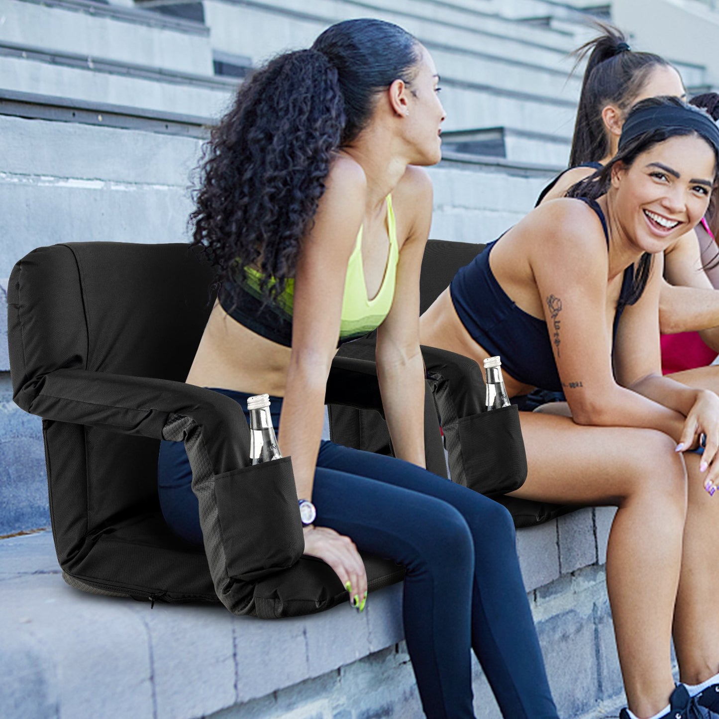 Foldable Bleacher Chair with 6 Reclining Positions and Padded Cushion-Black