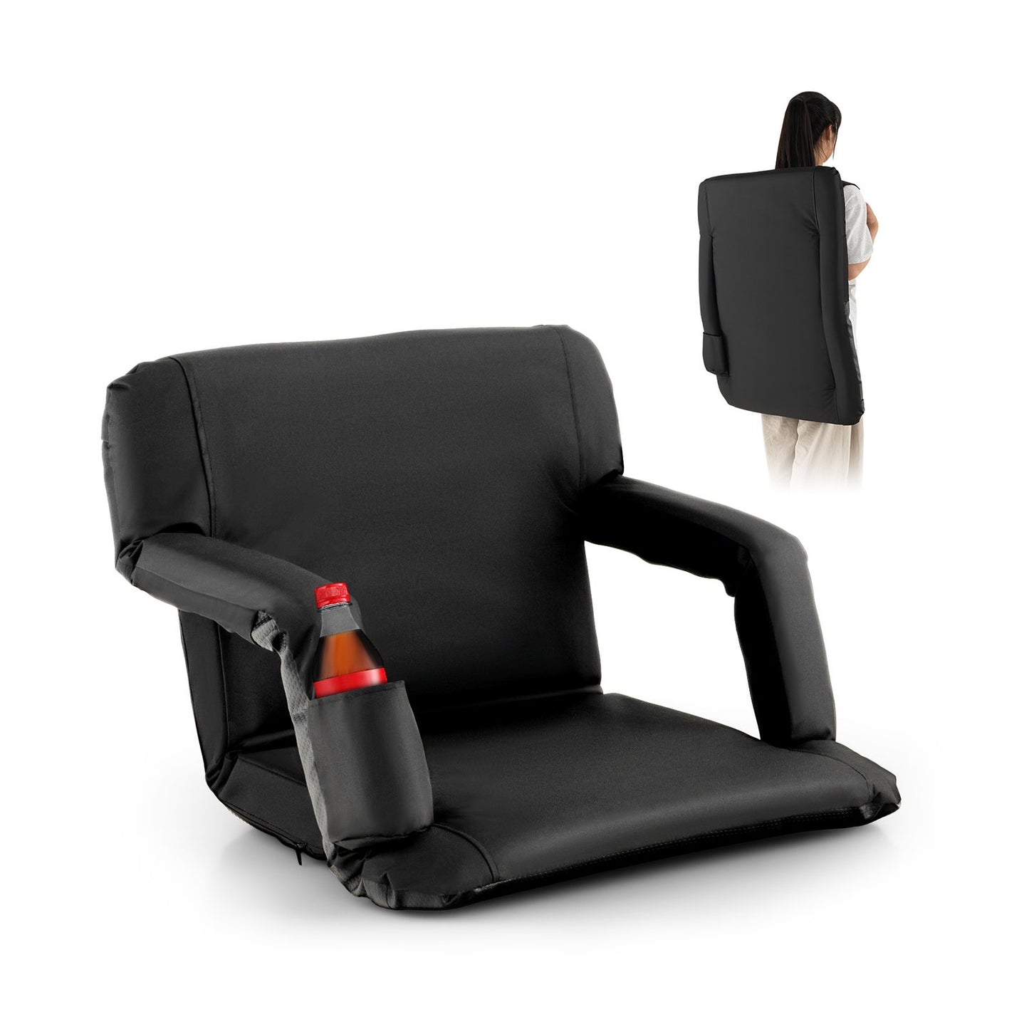 Foldable Bleacher Chair with 6 Reclining Positions and Padded Cushion-Black