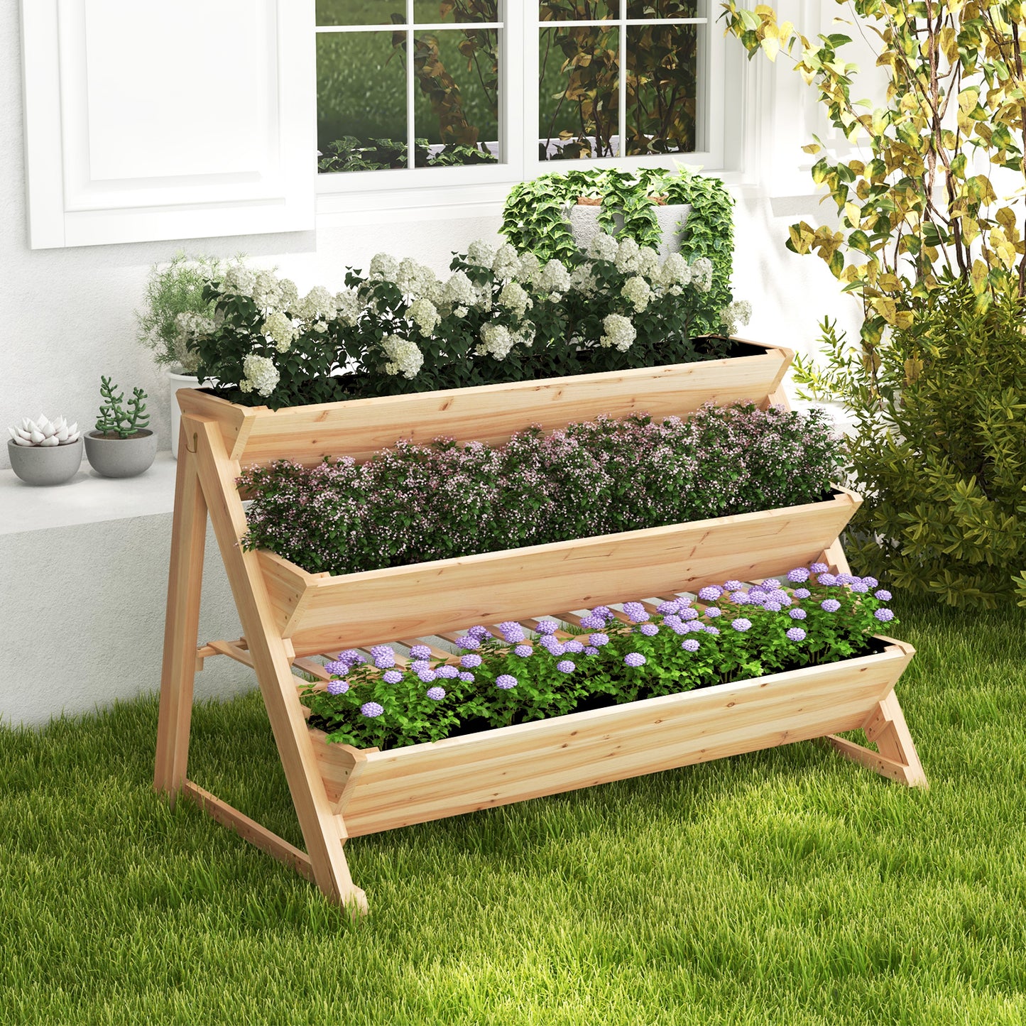 3-Tier Garden Bed with Storage Shelf 2 Hanging Hooks and 3 Bed Liners