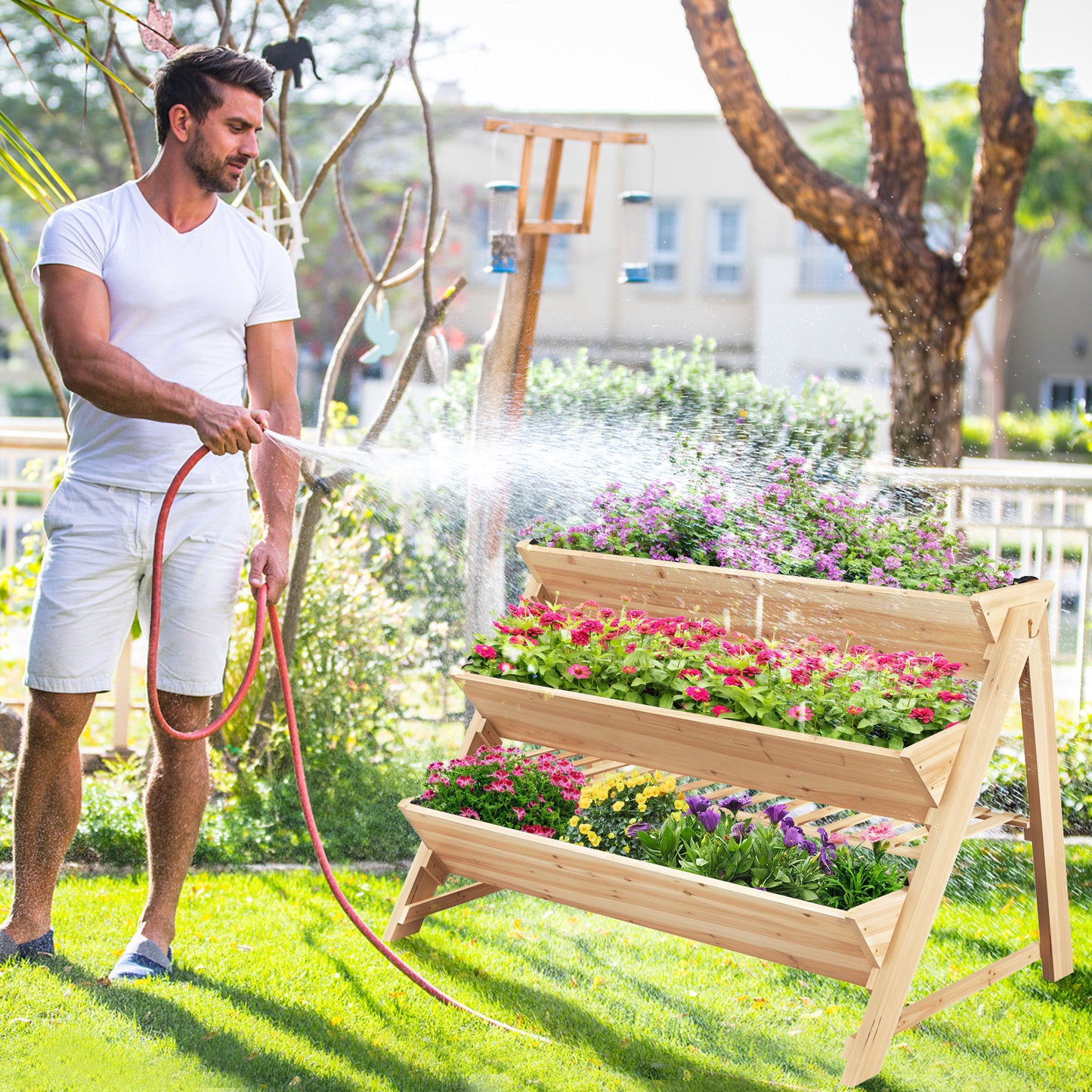 3-Tier Garden Bed with Storage Shelf 2 Hanging Hooks and 3 Bed Liners