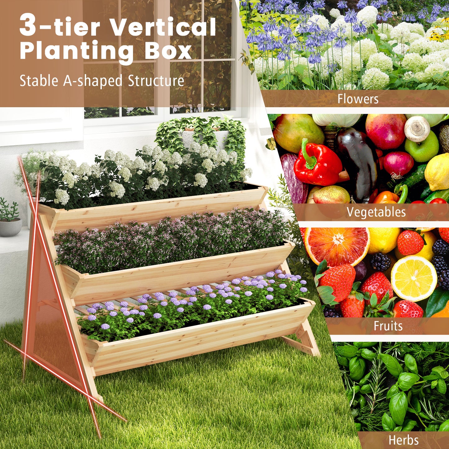 3-Tier Garden Bed with Storage Shelf 2 Hanging Hooks and 3 Bed Liners