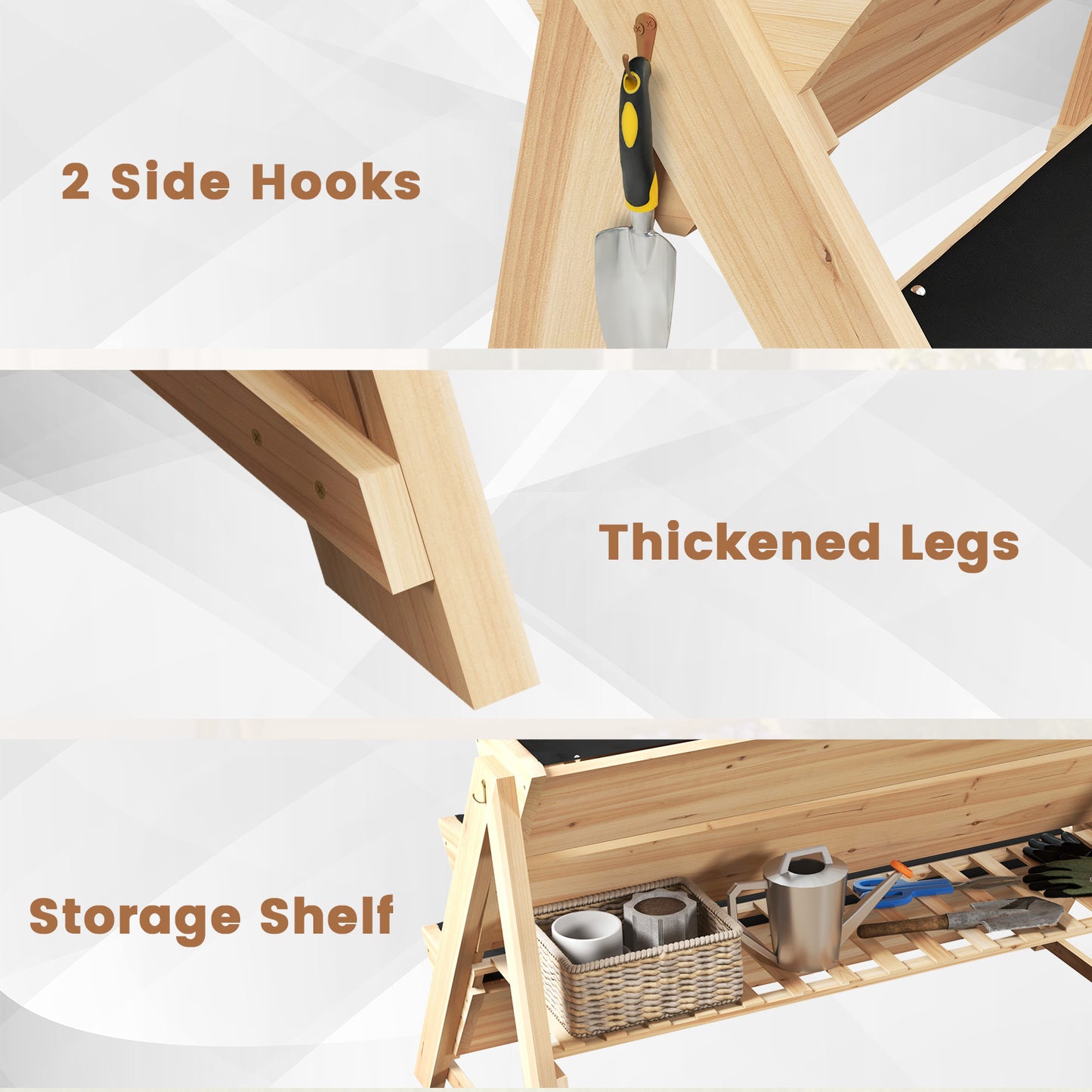 3-Tier Garden Bed with Storage Shelf 2 Hanging Hooks and 3 Bed Liners