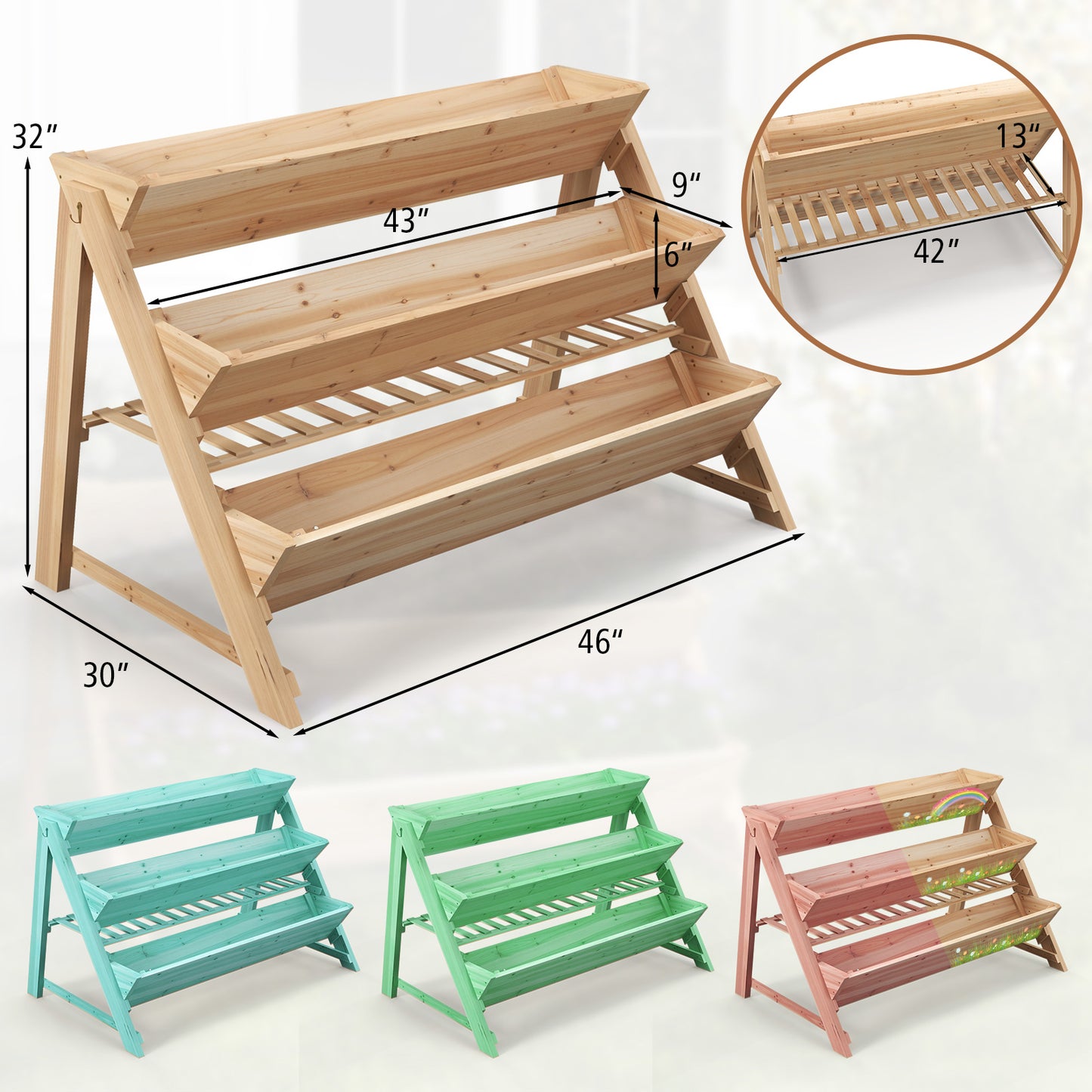 3-Tier Garden Bed with Storage Shelf 2 Hanging Hooks and 3 Bed Liners