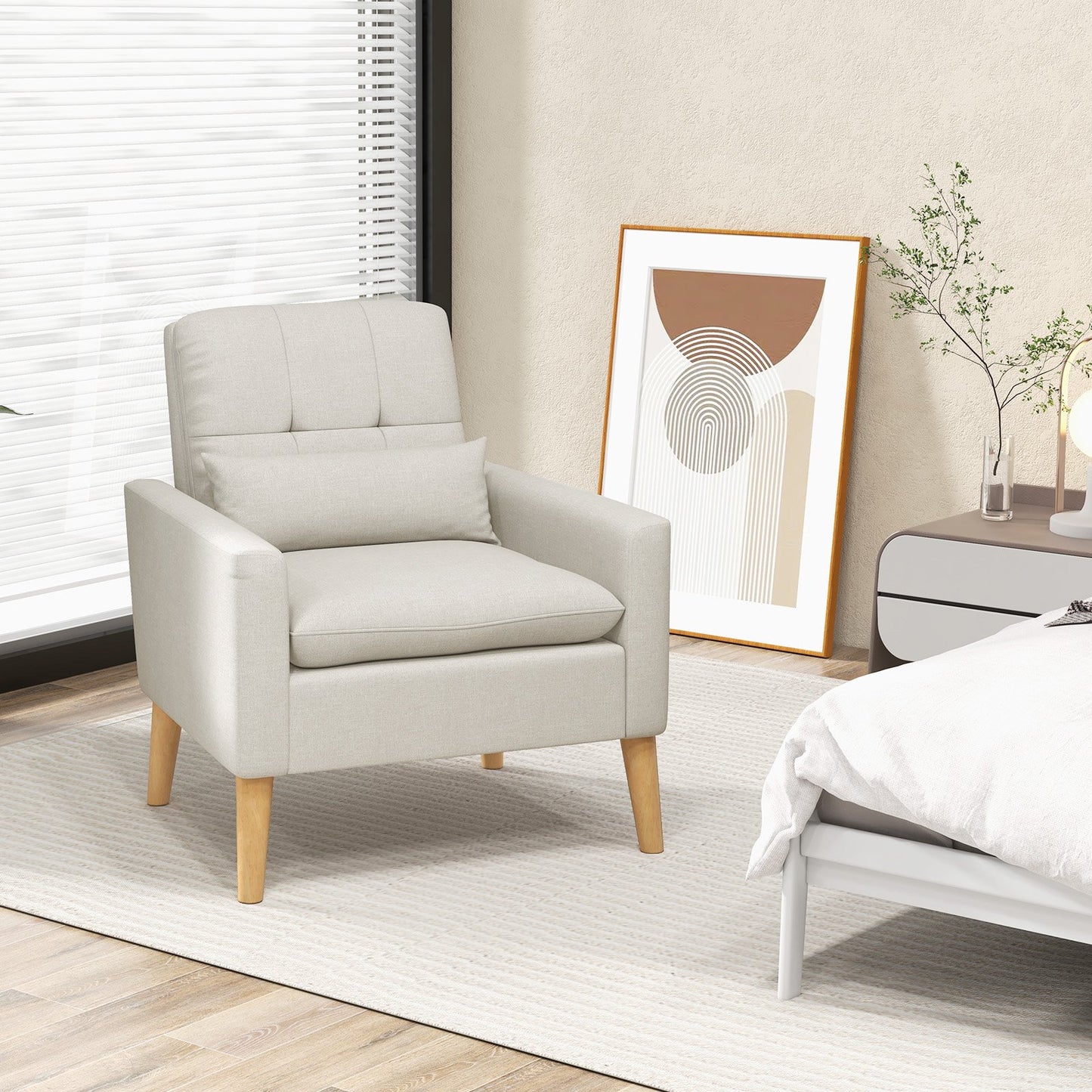 Accent Chair with Lumbar Pillow Natural Rubber Wood Legs Padded Cushions-Beige