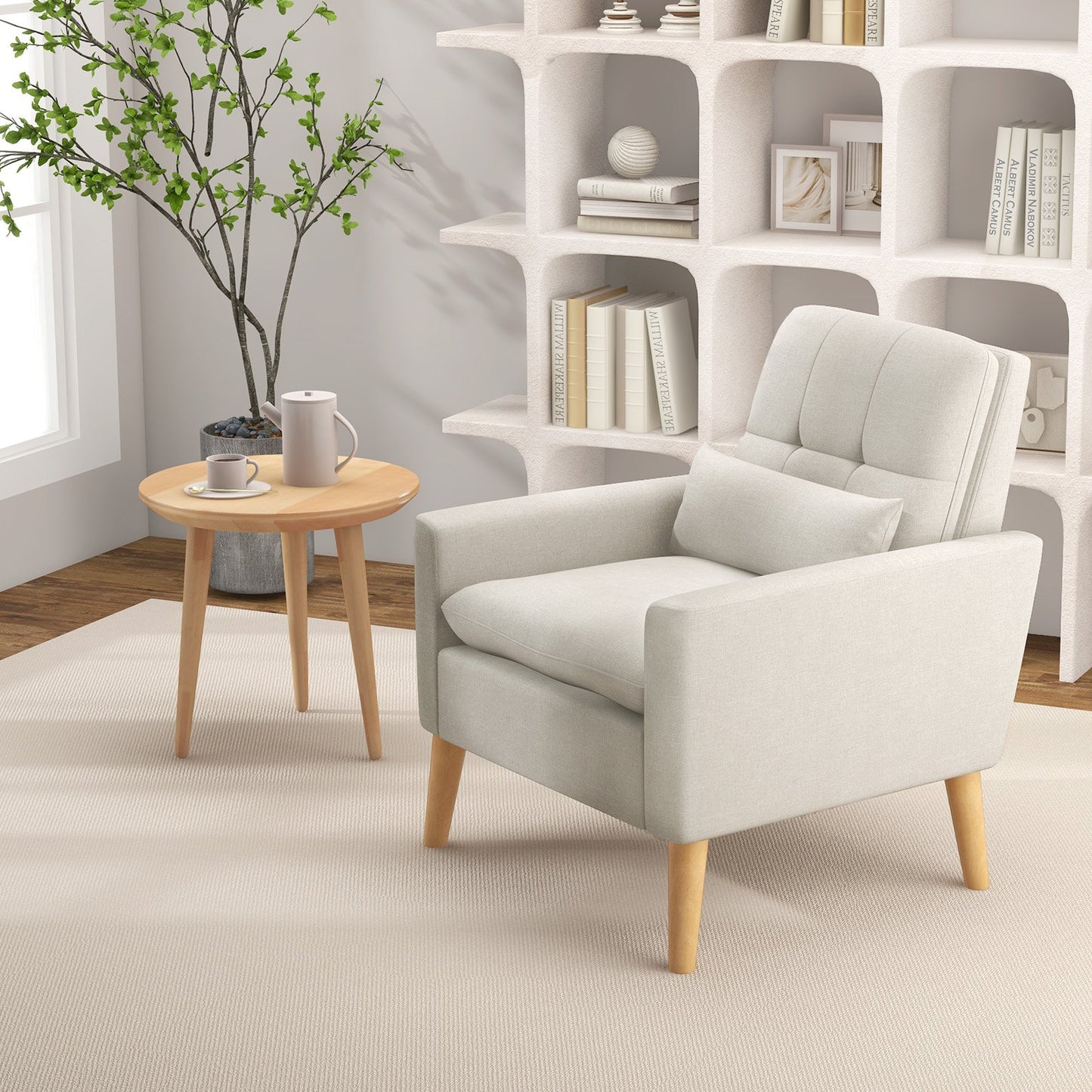 Accent Chair with Lumbar Pillow Natural Rubber Wood Legs Padded Cushions-Beige