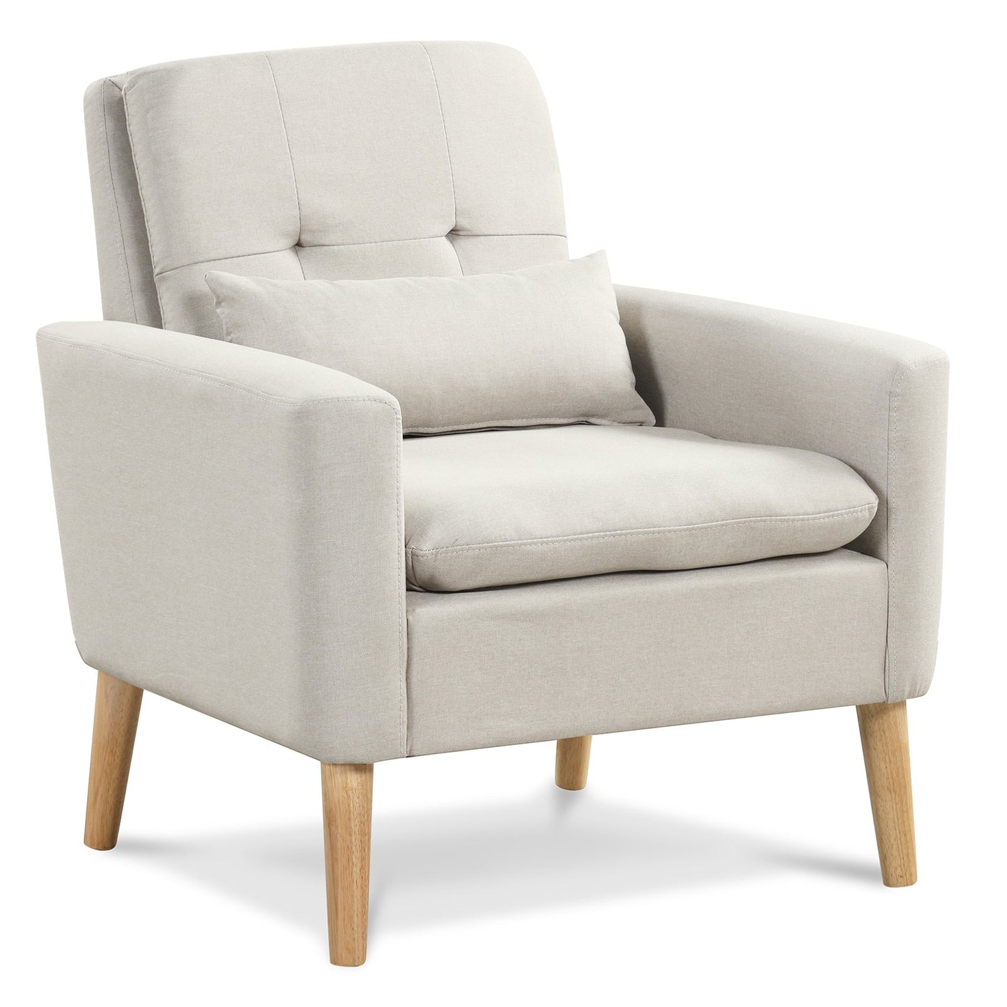 Accent Chair with Lumbar Pillow Natural Rubber Wood Legs Padded Cushions-Beige